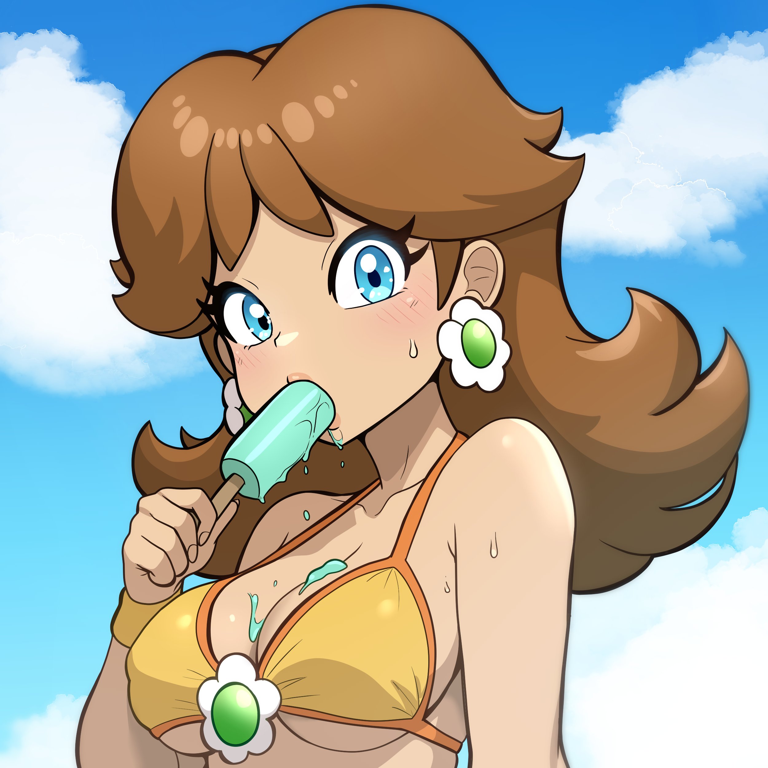 bare shoulders, beach, bikini, blue eyes, breasts, brown hair, earrings, female, female only, holding object, looking at viewer, mario (series), muis0802, popsicle, popsicle in mouth, popsicle melting, princess daisy, short hair, sweat, tagme