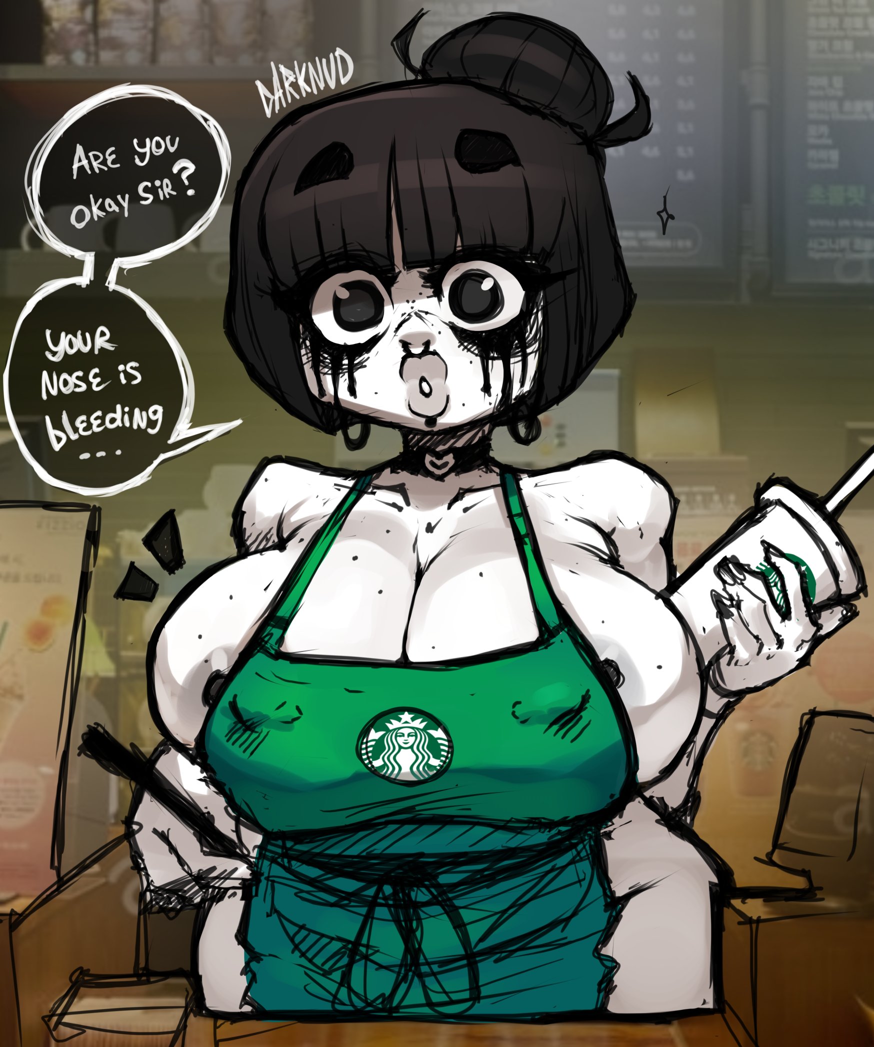 1girls, breasts, cleavage, darknud, female, female only, goth girl, huge breasts, iced latte with breast milk, koko (darknud), meme, speech bubble, talking to viewer, text, thick thighs, wide hips