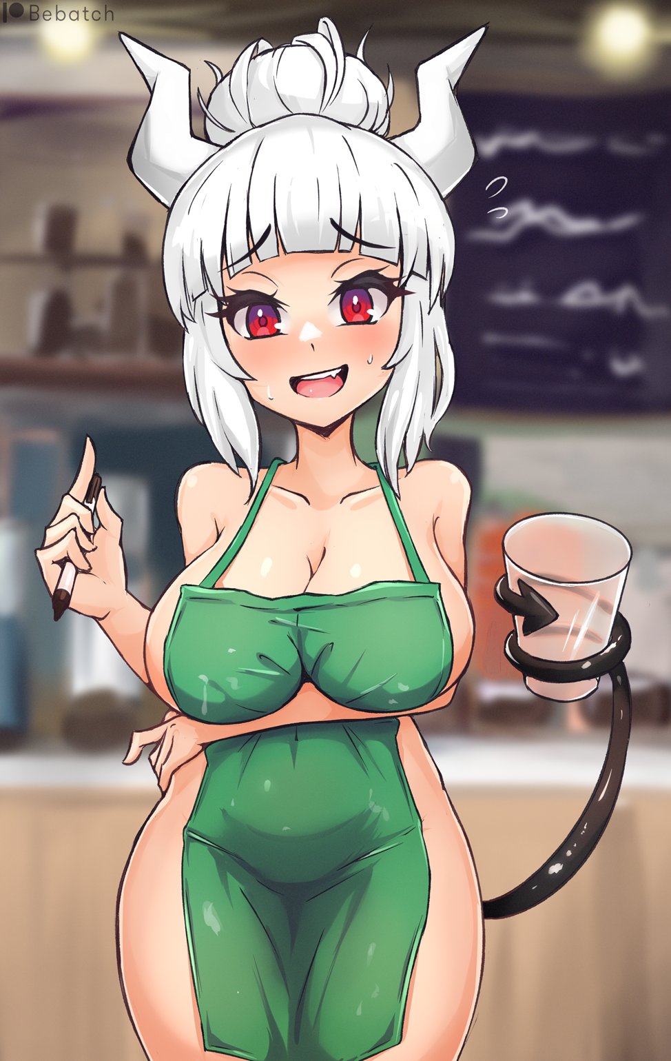 1girls, 2021, apron, bebatch, big breasts, breasts, demon, demon girl, demon tail, female, helltaker, horns, huge breasts, iced latte with breast milk, lucifer (helltaker), meme, naked apron, red eyes, solo, solo female, tagme, thick thighs, white hair