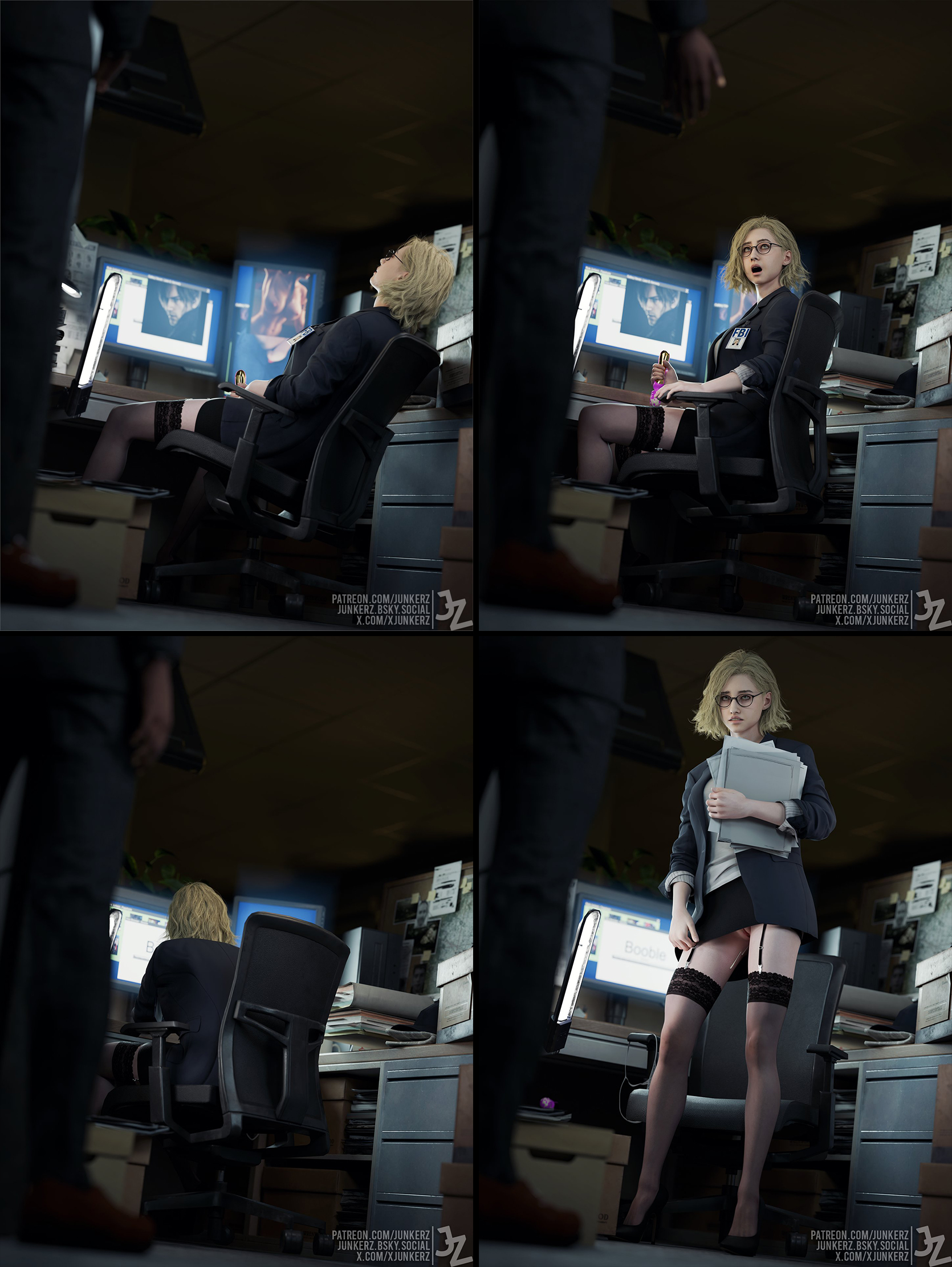 1boy, 1girls, 3d, blonde hair, clothing, comic, computer, desktop, electronics, female, female focus, female masturbation, going commando, grace ashcroft, grace ashcroft (fbi outfit), human, id card, junkerz, male, masturbation, miniskirt, nathan dempsy, no panties, office, office lady, pale skin, resident evil, resident evil 9: requiem, skirt, tagme