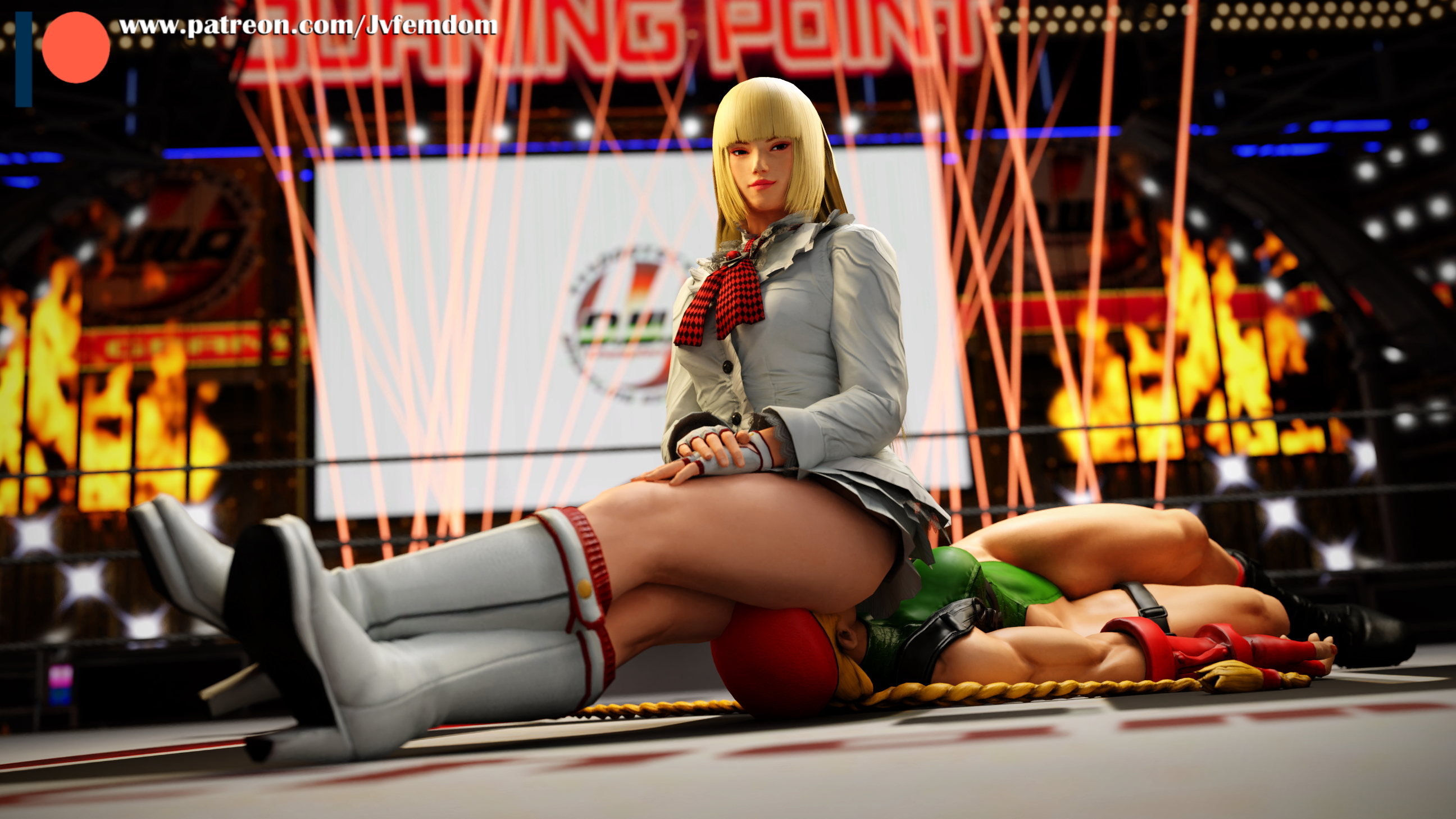 2girls, 3d, 3d (artwork), asphyxiation, ass, blonde hair, boots, cammy white, capcom, catfight, clothed, defeated, dominant, dominant female, domination, dominatrix, emilie de rochefort, face in ass, facesitting, female, female domination, femdom, fight, fighting ring, helpless, high heels, humiliated, humiliation, jvfemdom, knee boots, knocked out, leather, leather boots, legs, lezdom, long hair, looking down, mixed wrestling, passed out, sadism, sitting, sitting on face, sitting on person, smirk, smothering, street fighter, street fighter x tekken, suffocation, tekken, tekken x street fighter, thighs, victory, victory pose, video games, white boots, wrestling, yuri