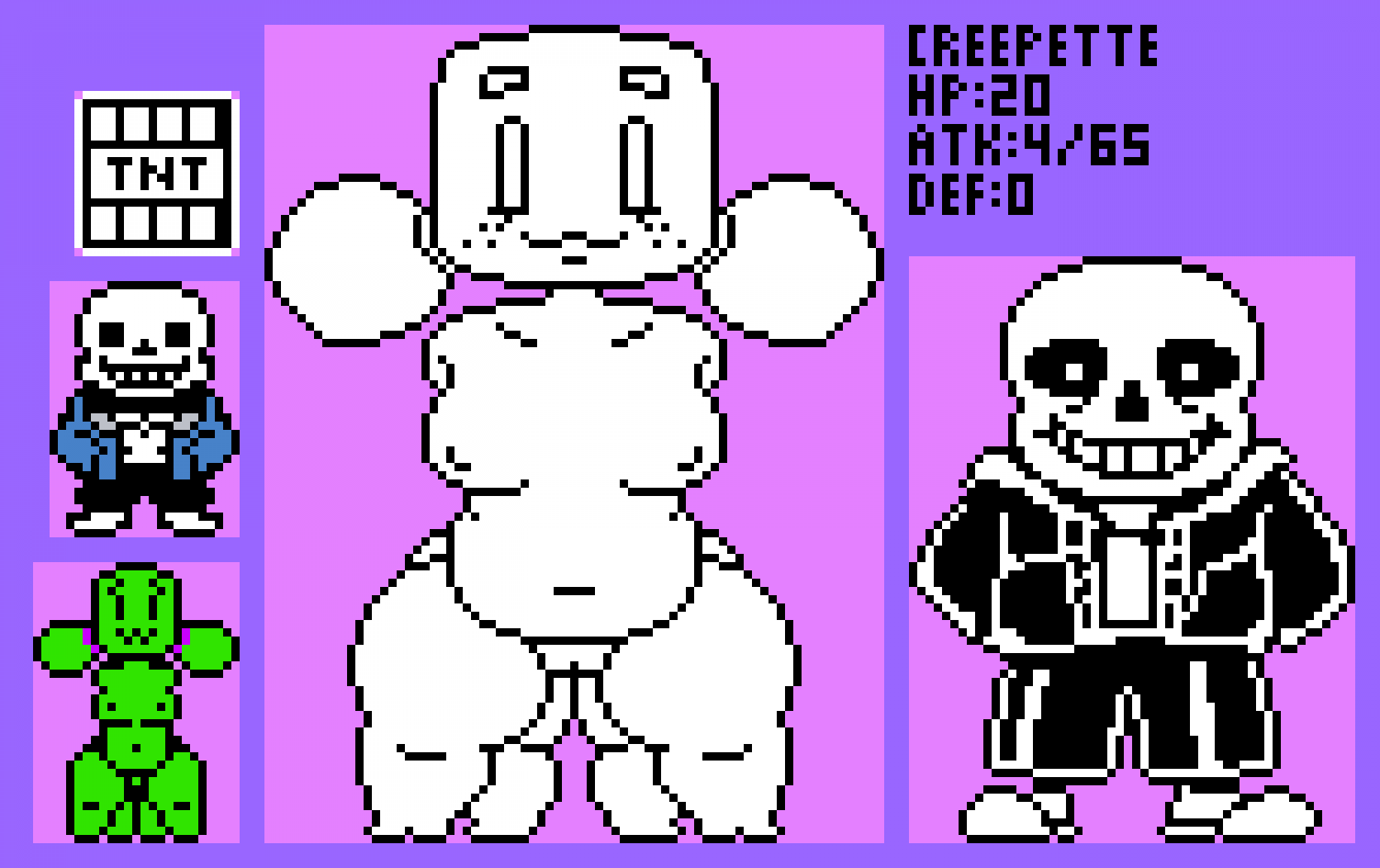 2021 4_legs anthro black_shorts blue_jacket character_sheet chubby chubby_female creeper creepette female freckles jacket minecraft no_arms pixel_art purple_background randomnsfwcreat sans shorts shortstack skeleton sleepyslut slippers sprite sprite_art tnt twintails undertale undertale_fanfiction