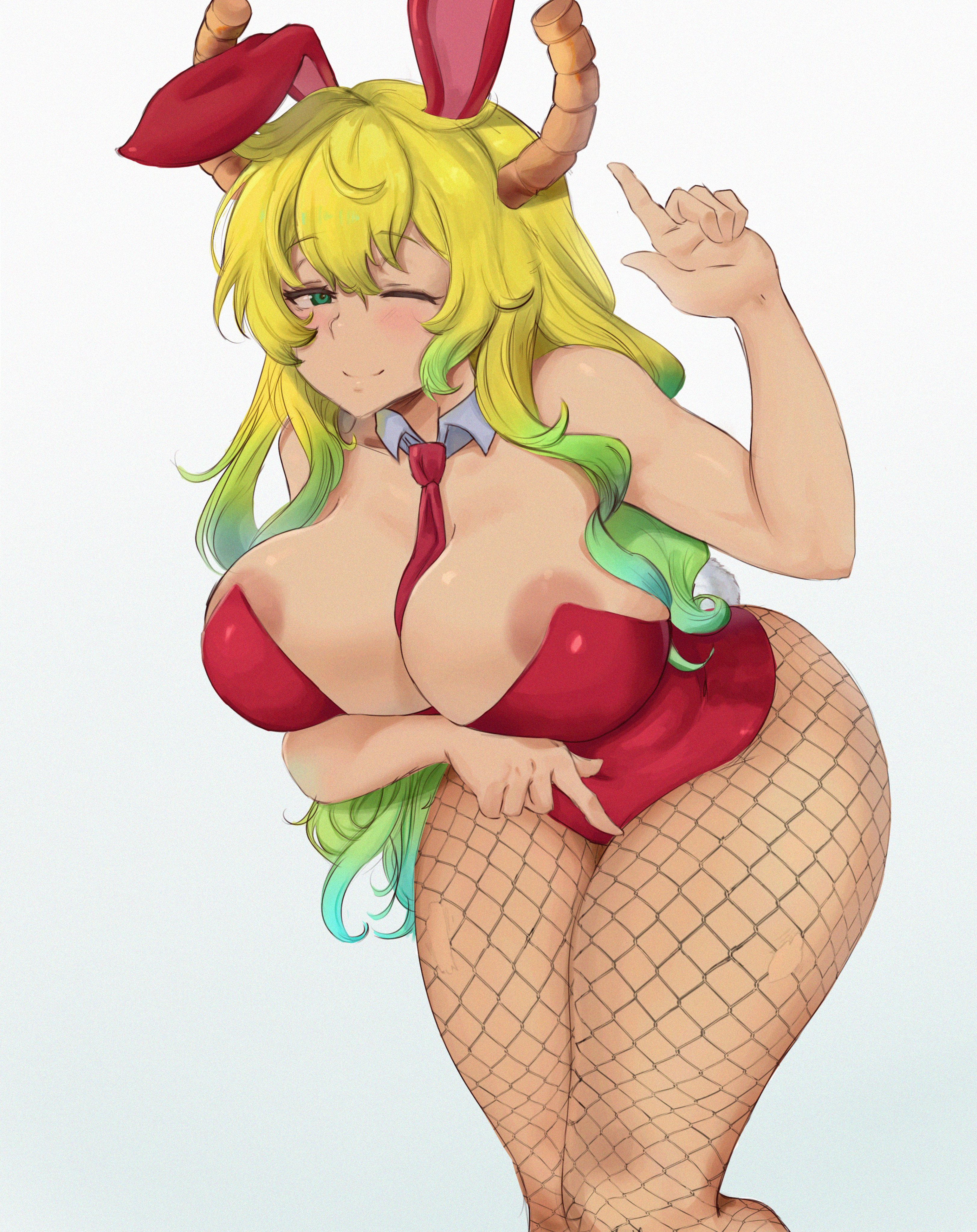 1girls, absurd res, animal humanoid, areola, areola slip, big areola, big breasts, blonde hair, breasts, bunny costume, bunnysuit, cleavage, clothing, costume, cutesexyrobutts (style), dragon, dragon humanoid, female, fishnet, fishnet legwear, fishnets, green eyes, green hair, hair, hi res, horn, horned humanoid, horns, huge breasts, humanoid, kobayashi-san chi no maidragon, legwear, lesottart, long hair, looking at viewer, miss kobayashi's dragon maid, nipples, one eye closed, pantyhose, quetzalcoatl (dragon maid), simple background, smile, smiling at viewer, solo, thick thighs, voluptuous, white background, white body, white skin, wide hips, wink