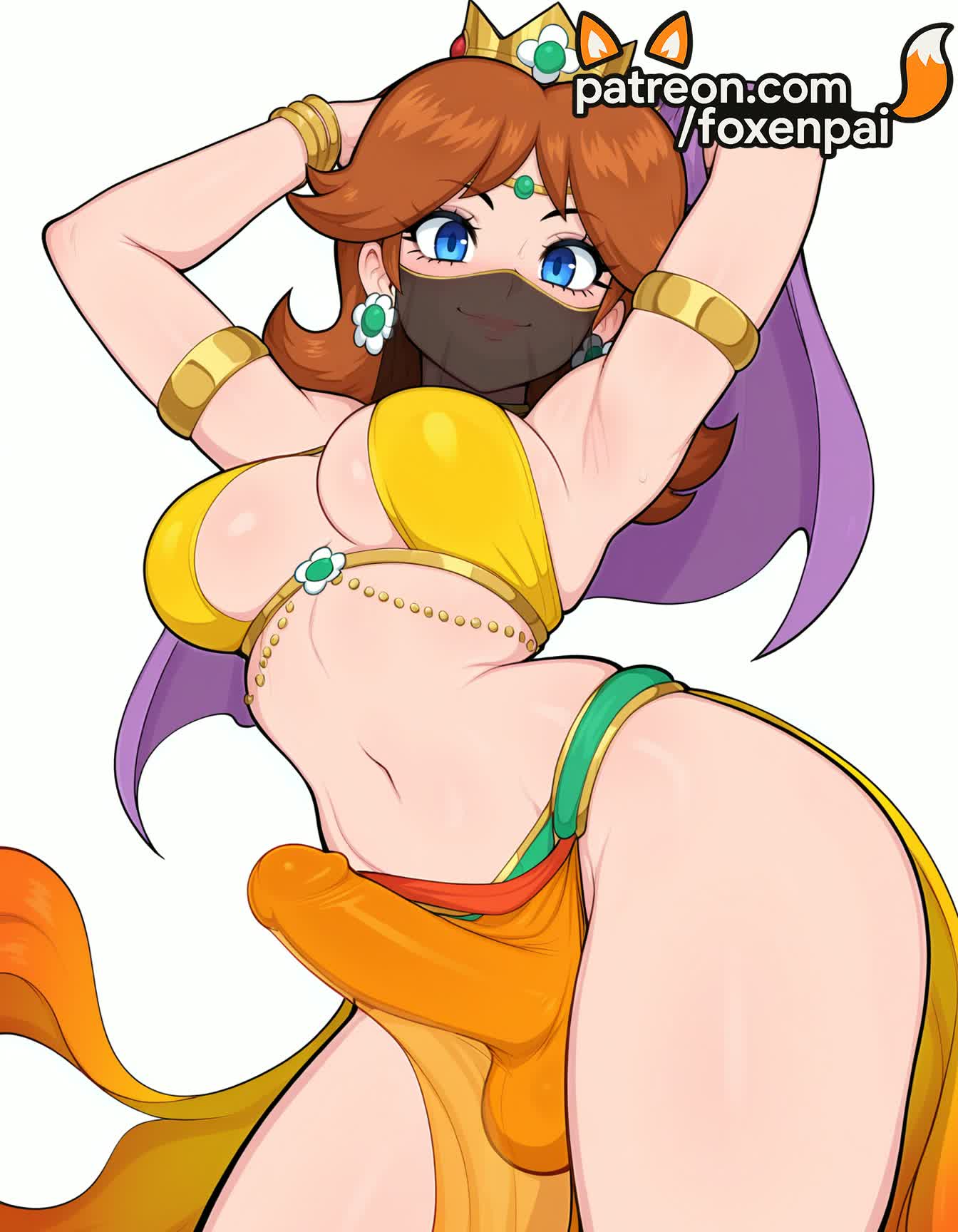 1futa, 2025, ai generated, armlet, artist name, balls, blue eyes, bracelet, brown hair, bulge, cock, cosplay, crossdressing, crown, dancer outfit, dick, earrings, erection, female, female to futa, foreskin, foxenpai, futa transformation, futanari, genderswap (fti), genderswap (ftm), hi res, high quality, high resolution, highres, intersex, jewelry, long hair, male, male focus, mario (series), mouth veil, navel, nintendo, otoko no ko, patreon, patreon username, penis, precum, princess daisy, rule 63, solo, stable diffusion, testicles, transformation, uncircumcised, veil, watermark