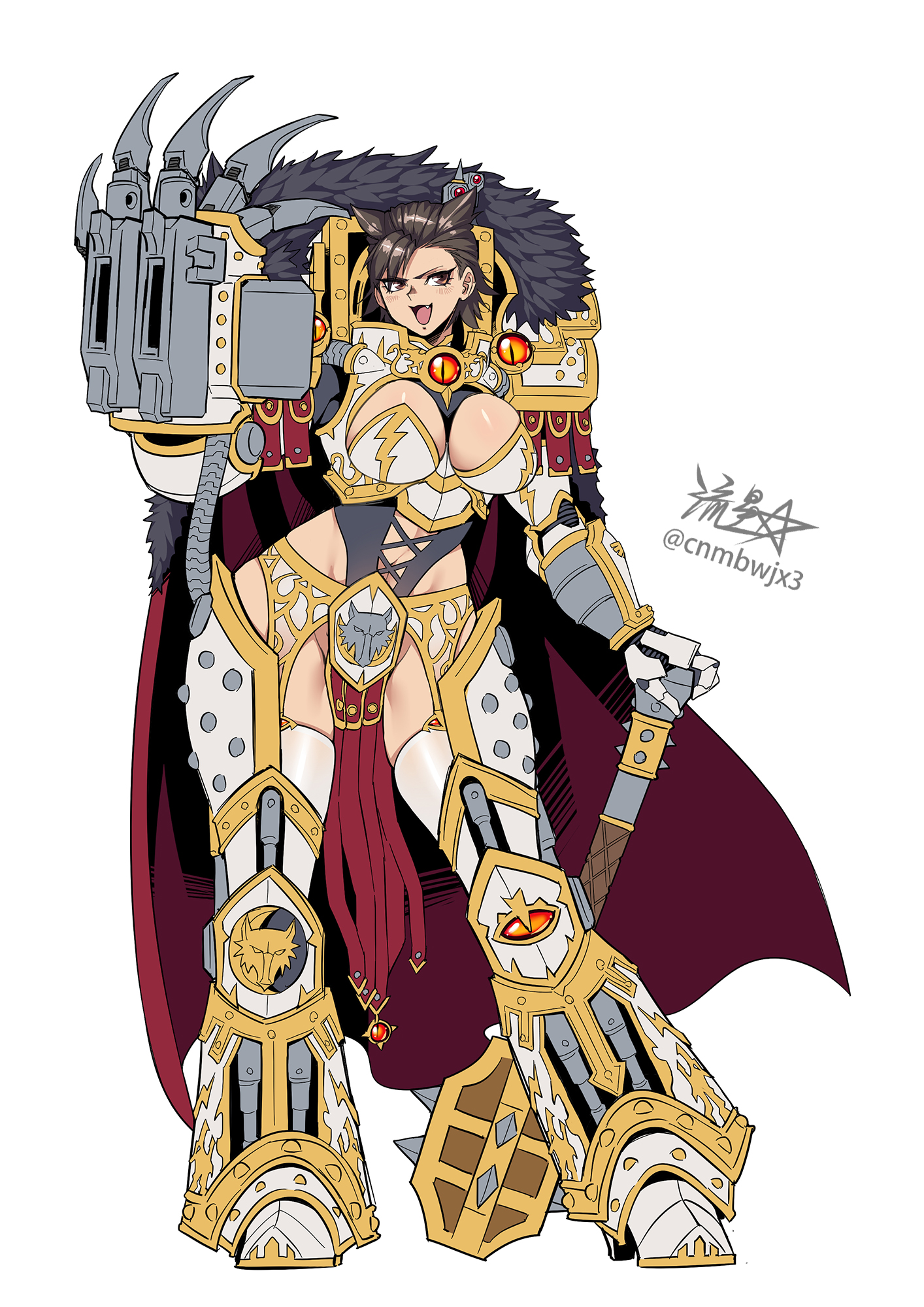 1girls, armor, armored female, belly, belly button, big breasts, breasts, brown eyes, brown hair, cape, child bearing hips, cnmbwjx, fangs, female, female focus, female only, genderswap (mtf), horus lupercal, light skin, light-skinned female, long hair, no bra, no panties, primarch, rule 63, ryuusei (mark ii), short hair, solo, thick hips, thick legs, thick thighs, warhammer (franchise), warhammer 40k, white background, wolf ears