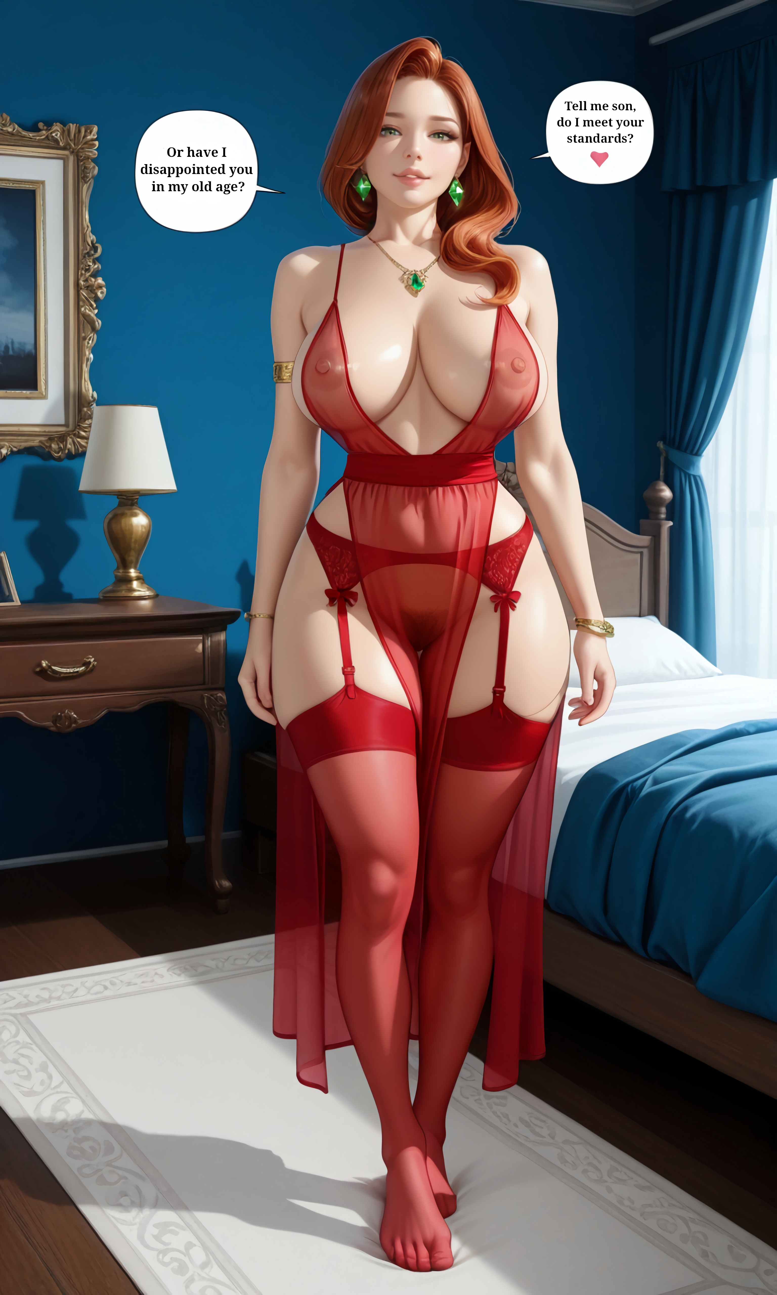 1girls, absurd res, ai generated, areola slip, areolae, armlet, bare shoulders, bedroom, big ass, big breasts, bracelet, breasts, brown hair, cleavage, curvaceous, curvy, dialogue, earrings, english text, eyebrows, feet, female, female only, full body, garter belt, garter straps, gown, green eyes, hi res, highres, hourglass figure, imminent incest, incest, incestuous, indoors, large breasts, legwear, light skin, light-skinned female, lingerie, lips, looking at viewer, lyra agustos (protocat), mature, mature female, mature woman, milf, mommy, momwife, mother, mother and son, mother queen, necklace, nightgown, nipples, nipples visible through clothing, no bra, no panties, noblewoman, plunging neckline, practically nude, protocat, pubic hair, pussy, pussy visible through clothes, red clothing, red hair, red legwear, royalty, see-through, see-through clothes, see-through clothing, sheer, sheer clothing, sheer legwear, slim waist, smooth skin, solo, solo focus, speech bubble, stocking feet, stockings, talking to viewer, text, text bubble, thick thighs, thin waist, voluptuous, voluptuous female, wide hips