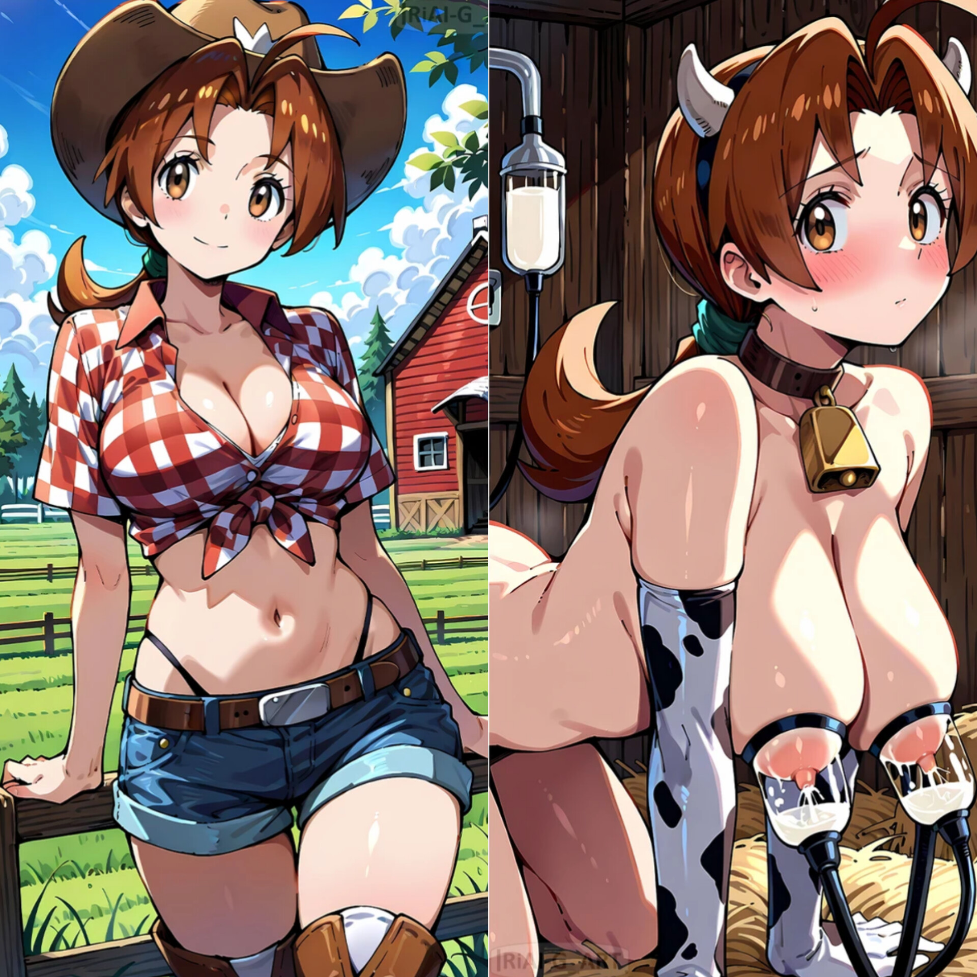ai generated, bell collar, big breasts, breastmilk, breasts, brown eyes, brown hair, cleavage, clothed, clothed female, clothing, collar, cow girl, cow print, cowbell, cowbell collar, cowgirl, cowgirl outfit, crop top, day, delia ketchum (pokemon), embarrassed, embarrassed female, embarrassed nude female, female, female only, forced, hanako (pokemon), hips, human, human cow, indoors, lactating, lactation, light skin, light-skinned female, long hair, milk, milking, milking machine, naked, naked female, nude, nude female, outdoors, pokemon, ponytail, solo, solo female, thighs