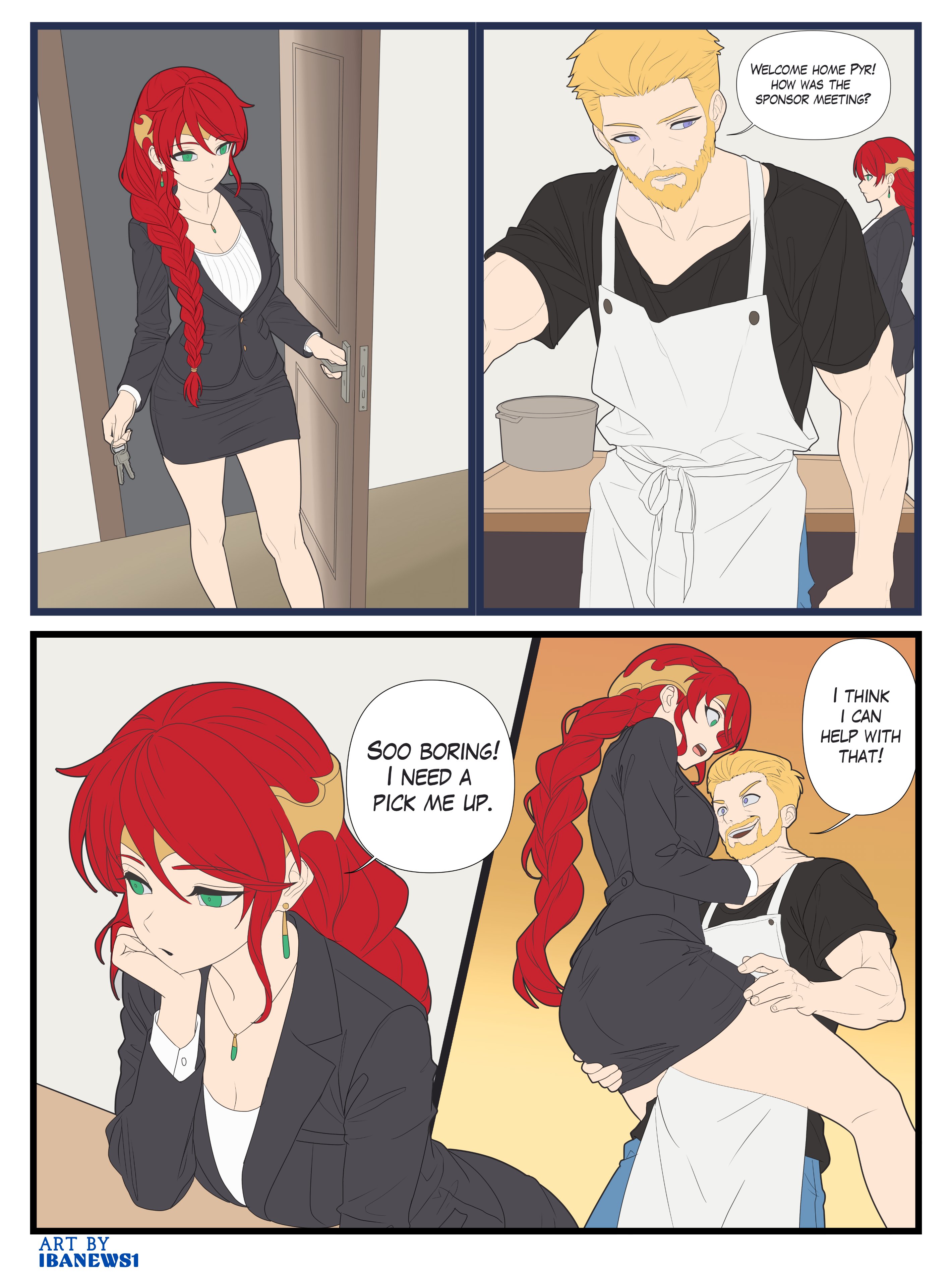1boy, 1girls, aged up, comic, english, english text, househusband, ibanews1, jaune arc, pyrrha nikos, rwby, tagme