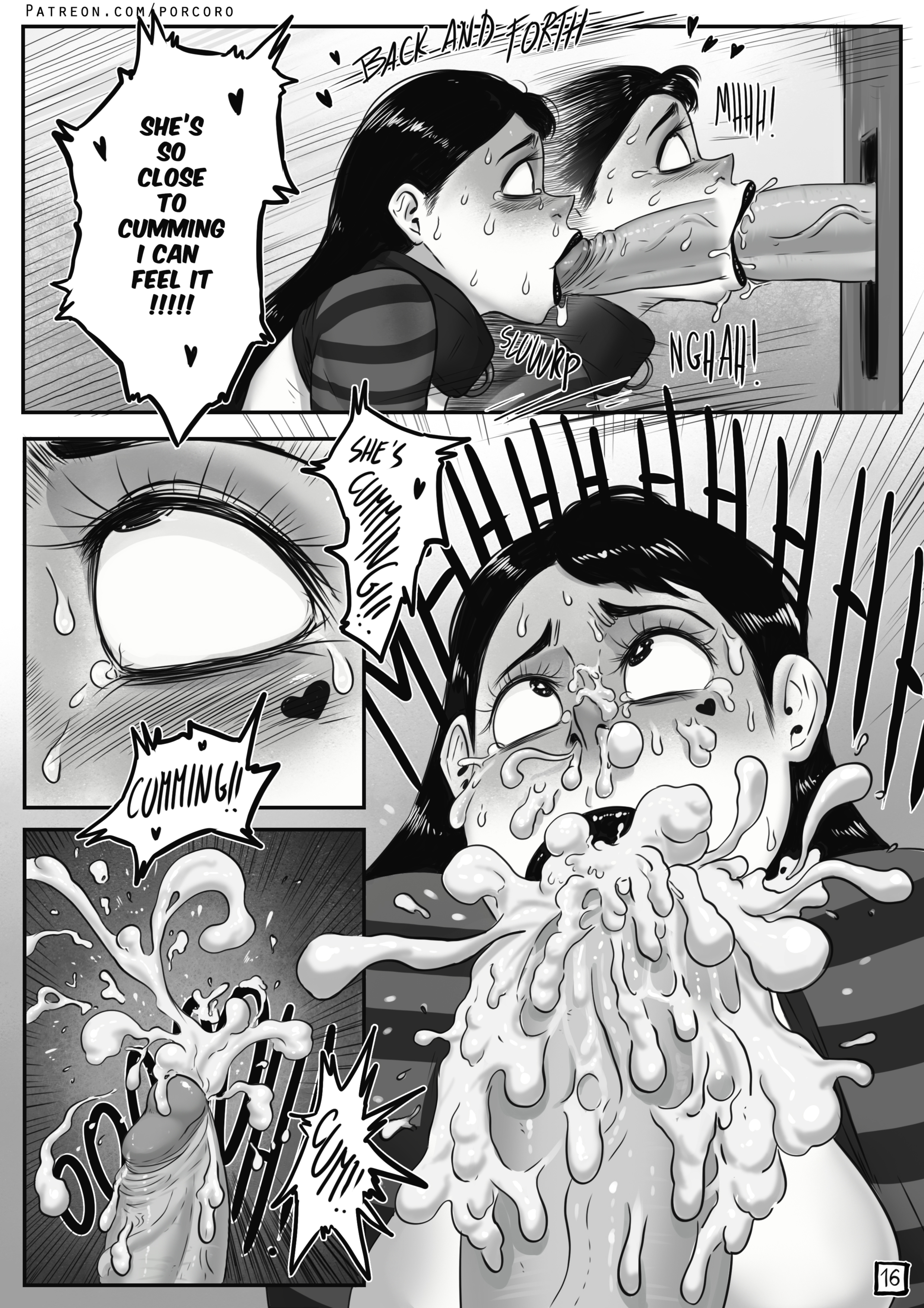 bimbo, comic, cum, cum in mouth, cum in nose, cum inside, cum overflow, eyes rolling back, face tattoo, fellatio, futanari, greyscale, intersex, page 16, porcoro, prison, prisoner, tagme, tattoo