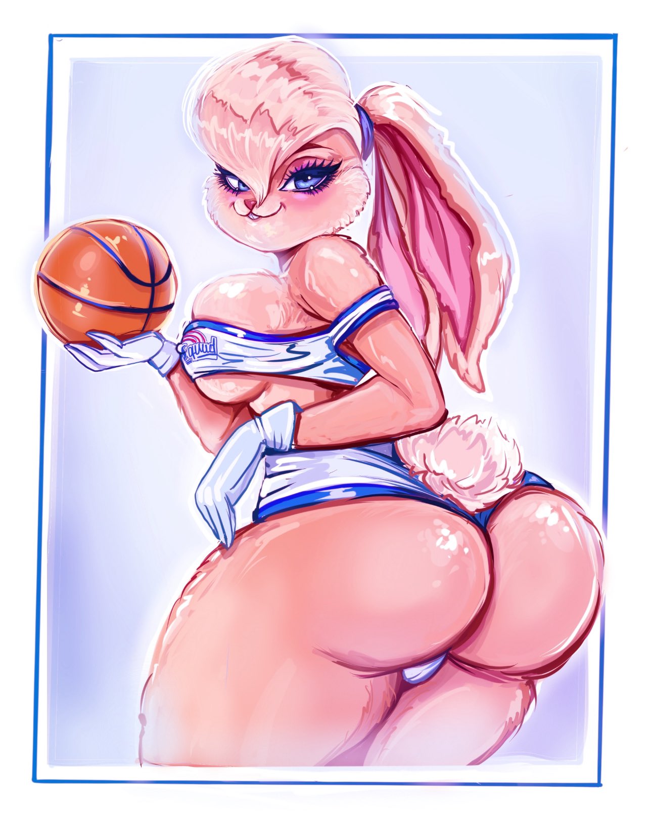 1girls anthro ass basketball basketball_uniform big_ass blonde_female blonde_hair blue_eyes breasts bunny_ears bunny_tail clothed female female_only furry gloves large_breasts lola_bunny looking_at_viewer looking_back looney_tunes off_shoulder revealing_clothes shorts sideboob smile solo space_jam theartofmathew underboob