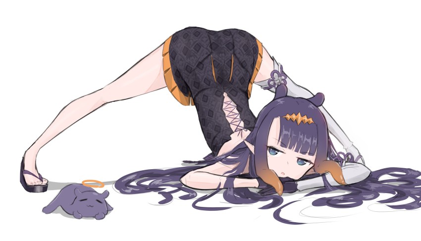 1girls, angry, armwear, artist request, ass, ass focus, ass up, black dress, black gloves, blue eyes, diadem, dress, eyebrows visible through hair, fan mascot (vtuber), female, female focus, female only, gloves, halo, hands on face, high heels, highres, hololive, hololive english, hololive myth, jack-o pose, legs spread, light skin, light-skinned female, long hair, long legs, looking at viewer, mole, mole under eye, multicolored hair, ninomae ina'nis, orange hair, pale skin, pale-skinned female, pointy ears, purple hair, stockings, tako (ninomae ina'nis), thick thighs, thighhighs, tiara, uwu, very long hair, virtual youtuber, white background, white stockings