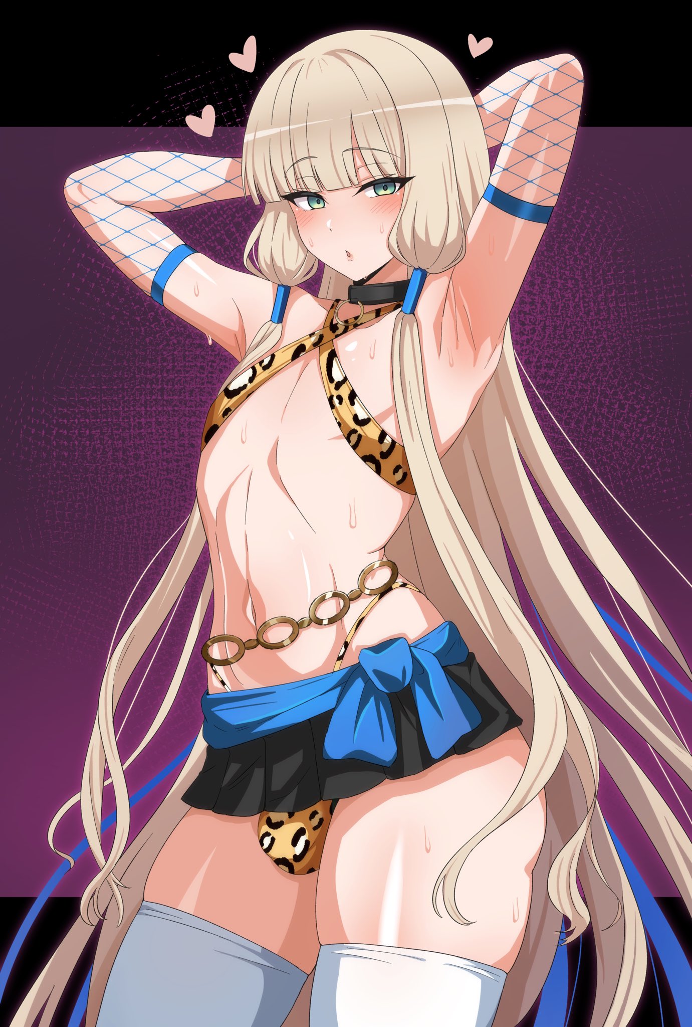 1boy, alternate version available, androgynous, arms behind head, bare shoulders, blue eyes, blue hair, blush, bulge, choker, fate (series), fate/grand order, femboy, femboy focus, femboy only, fishnets, footwear, front view, girly, gray hair, heart, human, light skin, light-skinned femboy, light-skinned male, long hair, looking at viewer, male, male focus, male only, multicolored hair, noah (fate), open mouth, pose, posing, shiny, shiny skin, simple background, solo, spread legs, spreading, standing, sweat, thick thighs, tied hair, trap, vein, very long hair, zanegoodell