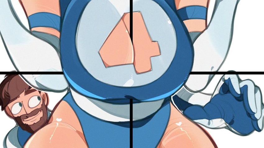 1boy, 1girls, 2d, 2d artwork, against fourth wall, beard, big breasts, blue bodysuit, blue eyes, blue leotard, bodysuit, breast focus, breasts, brown hair, cleavage, cleavage cutout, clothed, clothed female clothed male, clothing, clothing cutout, comic character, elbow gloves, facial hair, fantastic four, gloves, head out of frame, husband and wife, invisible woman, invisible woman (marvel rivals), kamii momoru, large breasts, leotard, light skin, light-skinned female, light-skinned male, looking at another, married couple, married female, married male, married woman, marvel, marvel comics, marvel rivals, massive breasts, mature female, mature male, milf, mr fantastic, mr fantastic (marvel rivals), multicolored bodysuit, multicolored leotard, optical illusion, reed richards, revealing clothes, solo focus, split depth, sue richards, sue storm, sue storm 90s costume, superhero, superhero costume, superheroine, superheroine costume, susan storm, thighs, tight clothing, two-tone bodysuit, two-tone leotard, white gloves