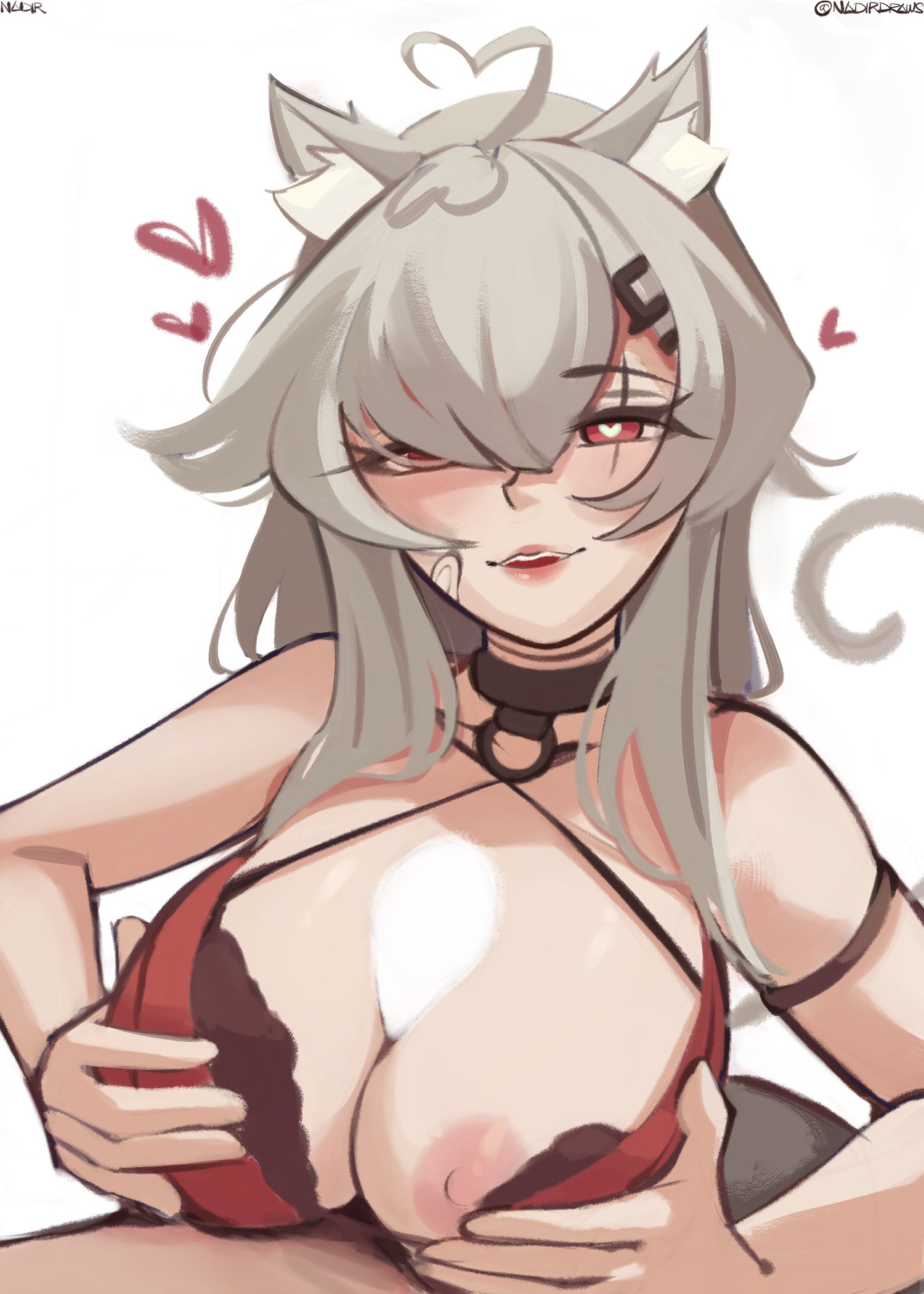 1boy, 1boy1girl, 1girls, 2d, ahoge, animal ear fluff, animal ears, animal tail, areolae, aroused, aroused expression, aroused face, aroused female, aroused look, aroused smile, black choker, boob grab, boobjob, bra, breast grab, breast hold, breasts, caressing breasts, cat ears, cat tail, choker, collarbone, digital, digital art, digital drawing, digital drawing (artwork), digital media, digital media (artwork), double breast grab, exposed breasts, exposed nipples, eyebrows visible through hair, female, female focus, fingers, fondling, fondling breasts, fondling own breast, fondling own breasts, fondling self, grabbing breast, grabbing breasts, grabbing own breast, grabbing own breasts, grabbing tits, grey eyebrows, grey hair, grey-haired female, grope, groping, groping breast, groping breasts, groping chest, groping own breast, groping own breasts, groping self, hair between eyes, hair clip, hair clips, hairclip, hairclips, half naked, half nude, half-closed eyes, hand on breast, hand on chest, hand on own breast, hand on own chest, hands on breasts, hands on chest, hands on own breasts, hands on own chest, heart eyes, heart-shaped pupils, high resolution, highres, horny, horny expression, horny eyes, horny female, horny smile, indie virtual youtuber, large breasts, lips, long hair, looking at viewer, lustful expression, lustful eyes, lustful gaze, male, medium breasts, nadir, naked, naked female, naked woman, nipples, nude, nude female, nudity, open mouth, open mouth smile, paizuri, paizuri lead by female, paizuri on lap, parted lips, penis, penis between breasts, pov, pov eye contact, pov paizuri, pov titfuck, red bra, red eyes, red underwear, red-eyed female, saruei (vtuber), semi nude, shoulders, simple background, smile, smiley face, smiling, smiling at viewer, straight, tagme, titjob, tongue, uncensored breasts, uncensored nipples, underwear, underwear only, upper body, upper teeth, virtual youtuber, vtuber, vtuberfanart, white background