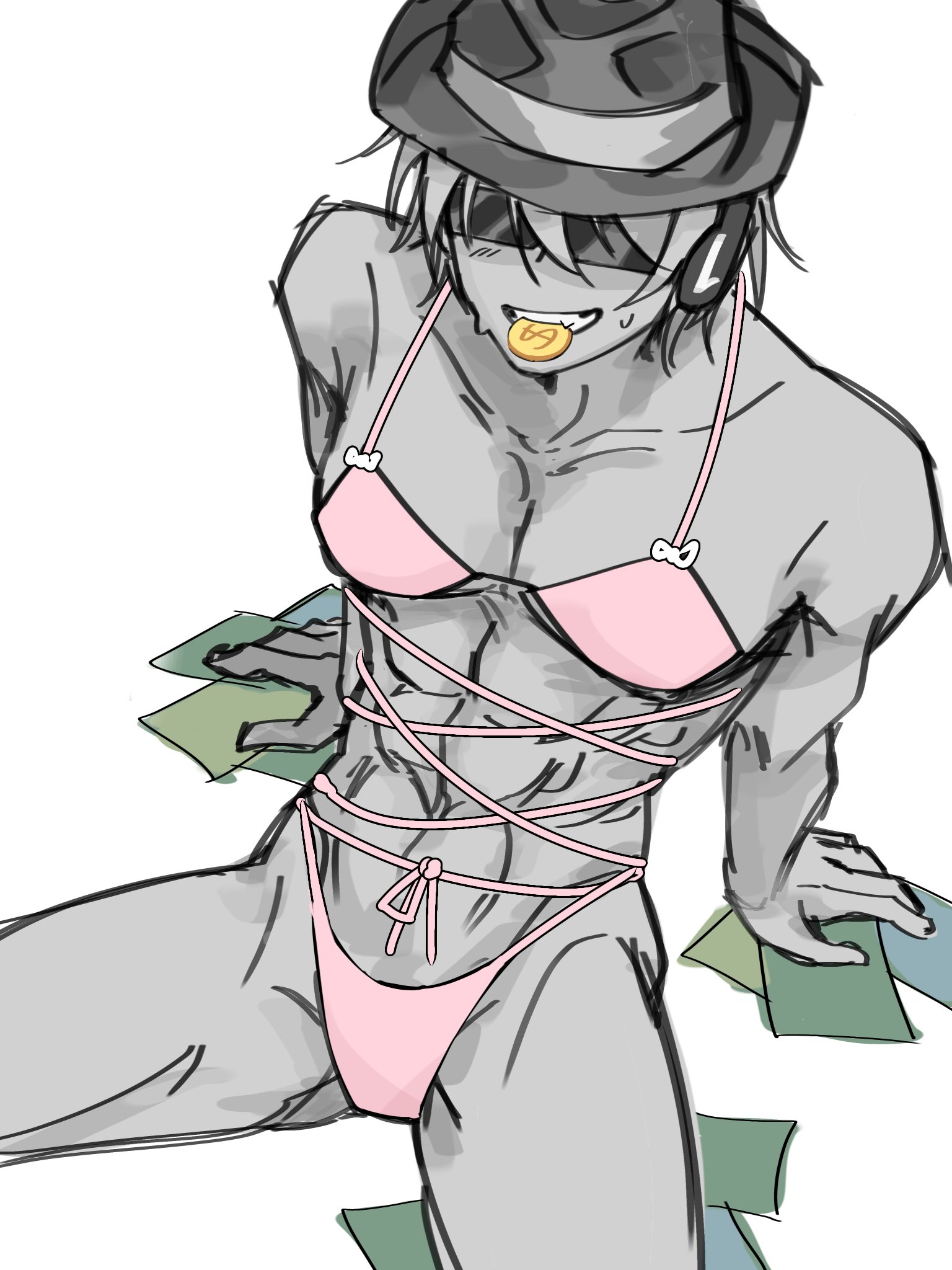 1boy, cash, chance (forsaken), coin, fedora, flopj97, forsaken (roblox), grey skin, headphones, lingerie, male, male only, money, pink lingerie, roblox, roblox game, robloxian, solo, sunglasses, tagme