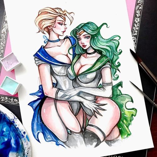 2girls ass back_bow big_breasts bishoujo_senshi_sailor_moon blackfury blonde_female blonde_hair blue_eyes bow breasts cameltoe canon_couple choker cleavage clothing curvaceous curvy curvy_female curvy_figure deep_cleavage elbow_gloves female female_only garter green_hair haruka_tenou high_leg_leotard holding_another holding_partner jewelry light-skinned_female light_skin lipstick long_gloves long_hair looking_at_another looking_at_viewer low_neckline makeup medium_breasts medium_hair michiru_kaiou pale-skinned_female pale_skin pinup platinum_blonde_hair red_lips red_lipstick sailor_collar sailor_neptune sailor_uranus serafuku short_hair simple_background skirt stockings sweet thick thick_thighs thighhighs thighs tiara tight_clothing tight_fit torn_clothing torn_skirt traditional_media v-neck wavy_hair white_background white_gloves white_leotard yuri