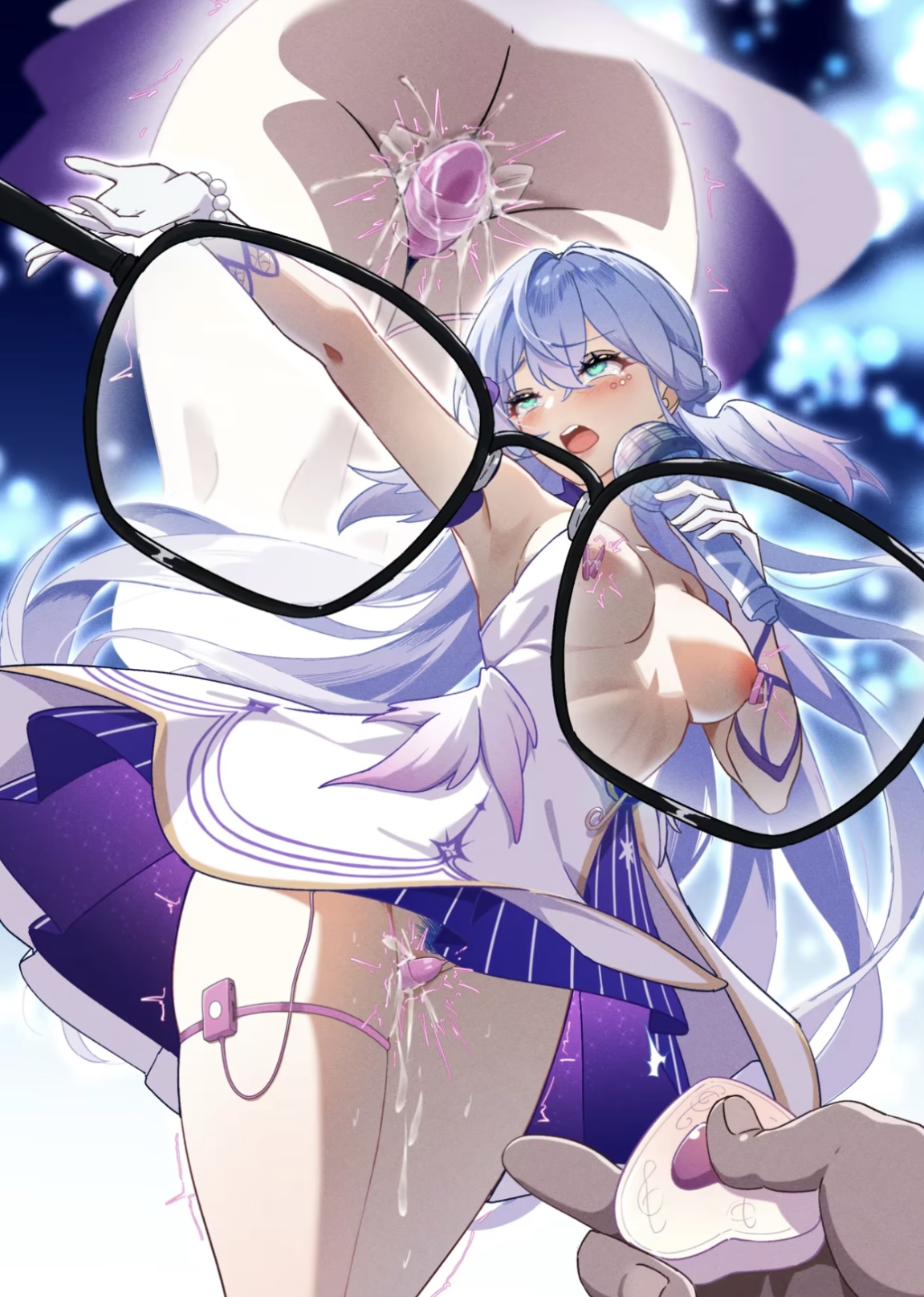 1boy, 1girls, ass, background, blush, breasts, female, gloves, green eyes, honkai (series), honkai: star rail, katth, legs, long hair, male, medium breasts, nipple clamps, nipples, open mouth, orgasm, pov, pov male, pussy, remote control vibrator, robin (honkai: star rail), rolling eyes, squirting, vibrator, vibrator in pussy, vibrator in thigh strap, vibrator taped to pussy, vibrator under clothes, vibrators on nipples, white gloves, x-ray, x-ray glasses