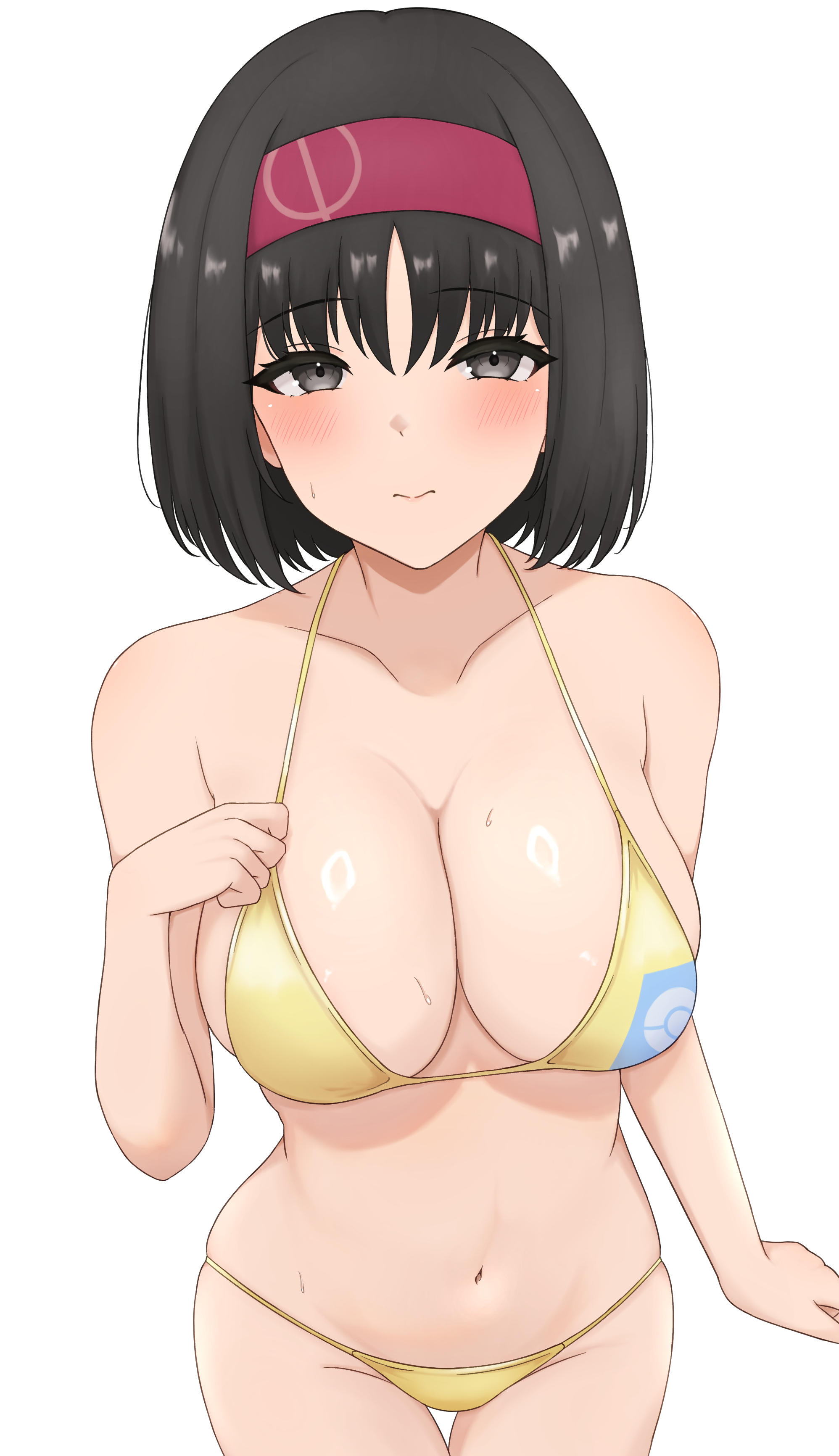 1girls, absurdres, bikini, black hair, blush, bob cut, breasts, cleavage, closed mouth, collarbone, erika (pokemon), female, female only, game freak, grey eyes, hairband, hand up, highres, large breasts, looking at viewer, navel, nintendo, pokemon, pokemon frlg, red hairband, short hair, simple background, skindentation, solo, stomach, string bikini, sweat, swimsuit, thigh gap, wachikumori, white background, yellow bikini
