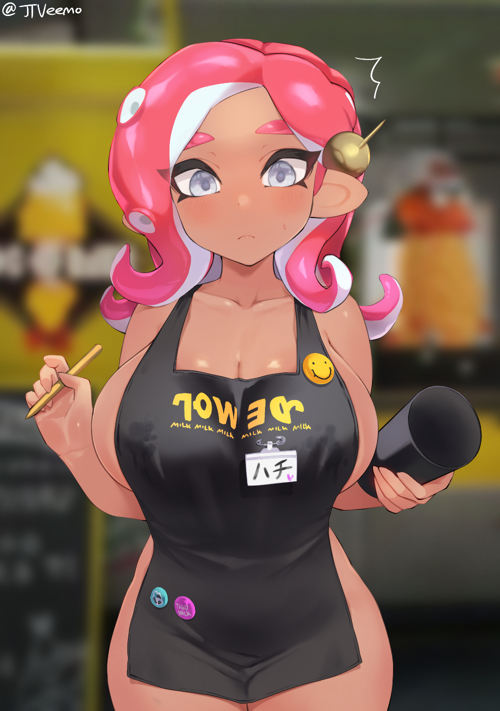 1girls agent_8_(splatoon) alternate_breast_size apron bare_shoulders big_breasts black_apron blurry_background blush breasts brown_skin buttons cephalopod cleavage cup curvy detailed_background eyelashes female female_only frown grey_hair hair hairpin hi_res holding_object iced_latte_with_breast_milk jtveemo lactating lactation_through_clothes large_breasts long_ears looking_at_viewer marine meme name_tag nintendo octoling octoling_girl pencil pink_hair pointy_ears sideboob signature splatoon standing surprised surprised_expression sweat sweatdrop tentacle_hair thick_thighs thighs watermark wide_eyed