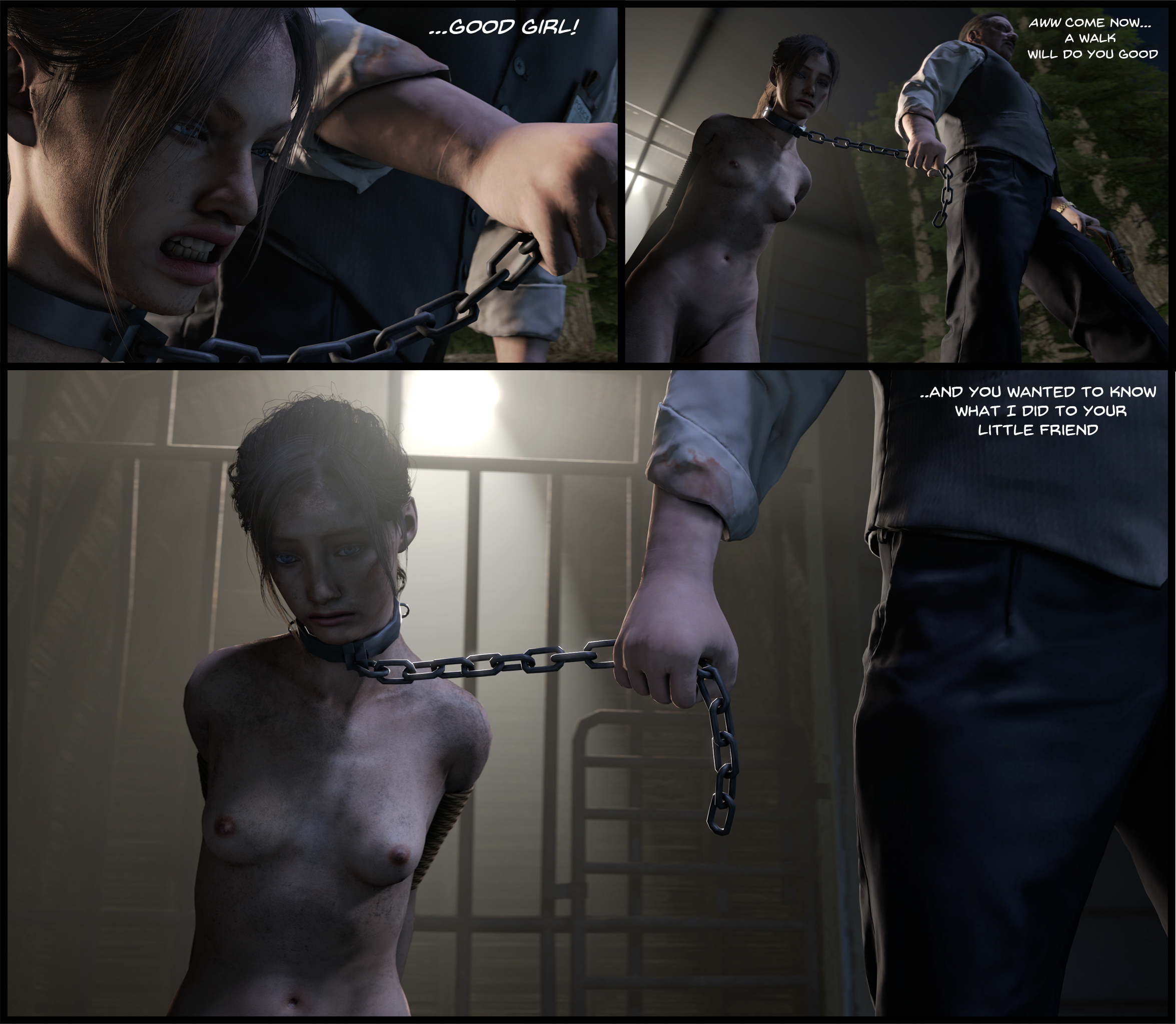 1boy, 1boy1girl, 3d, 3d model, breasts, brian irons, capcom, chains, claire redfield, female, huge breasts, lenaid, light skin, light-skinned female, light-skinned male, male, nude, nude female, nude female clothed male, older male, older male and younger female, ponytail, pussy, resident evil, resident evil 2, sex, slave, slave girl, small breasts, vaginal penetration, watch, younger female