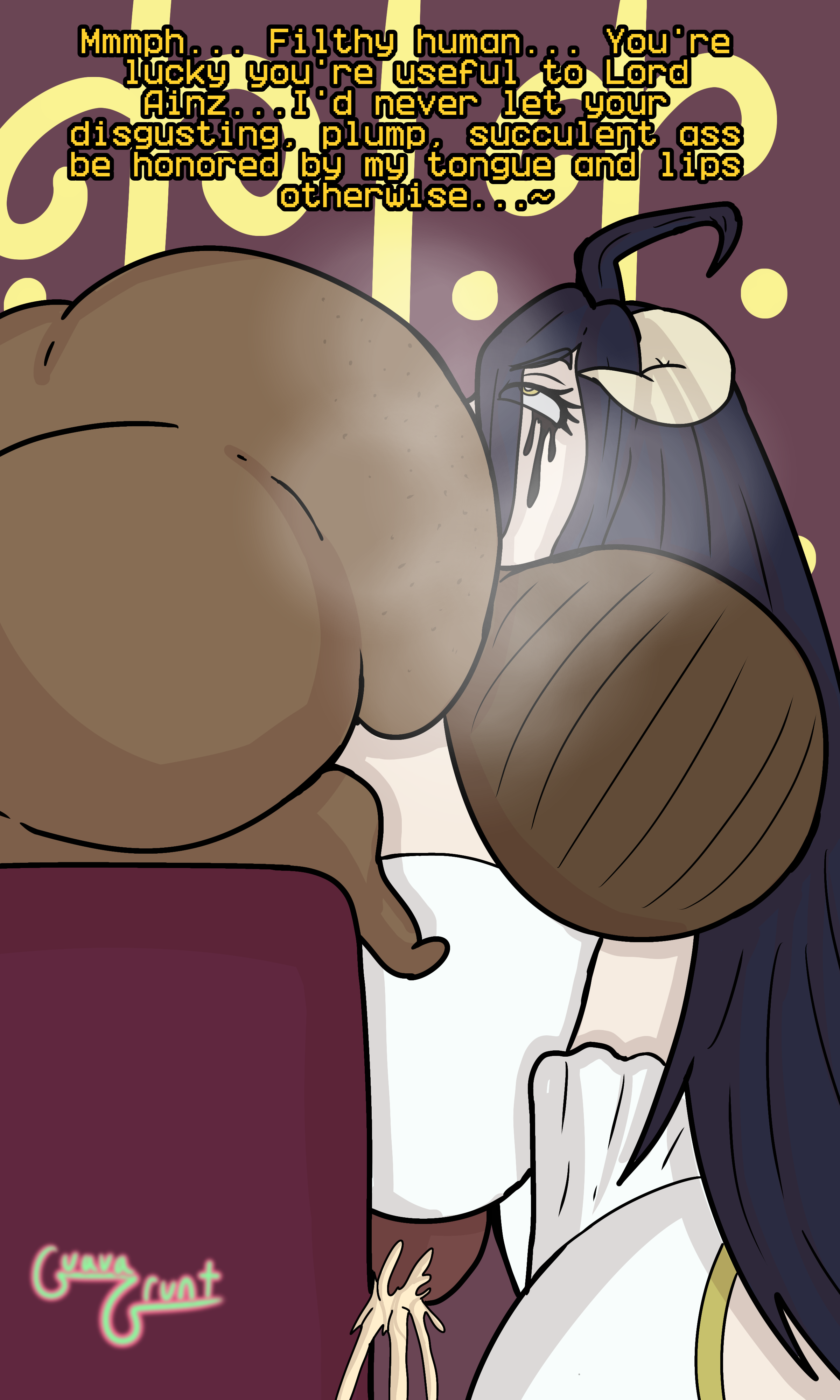 1boy, 1boy1girl, 1girls, 2d, ahoge, albedo (overlord), all fours, ass eating, ass worship, balls, bed, big balls, big breasts, big penis, black hair, breasts, clothed, clothed female, clothed female nude male, cum, cum between breasts, cum in breasts, cumshot, dark-skinned male, dialogue, dress, eating ass, english text, eyes rolling back, face in ass, female, female rimming male, femdom, gloves, guavagrunt, horn, huge ass, huge balls, huge breasts, huge cock, knot, male, malesub, mascara, mascara tears, monster, monster girl, musk, musk clouds, musky butt, nude, nude male, orgasm, overlord (maruyama), paizuri, penis, penis between breasts, reverse paizuri, rimming, rimming male, simple background, speech, straight, succubus, text, thick thighs, thighs, titjob, white dress, yellow eyes