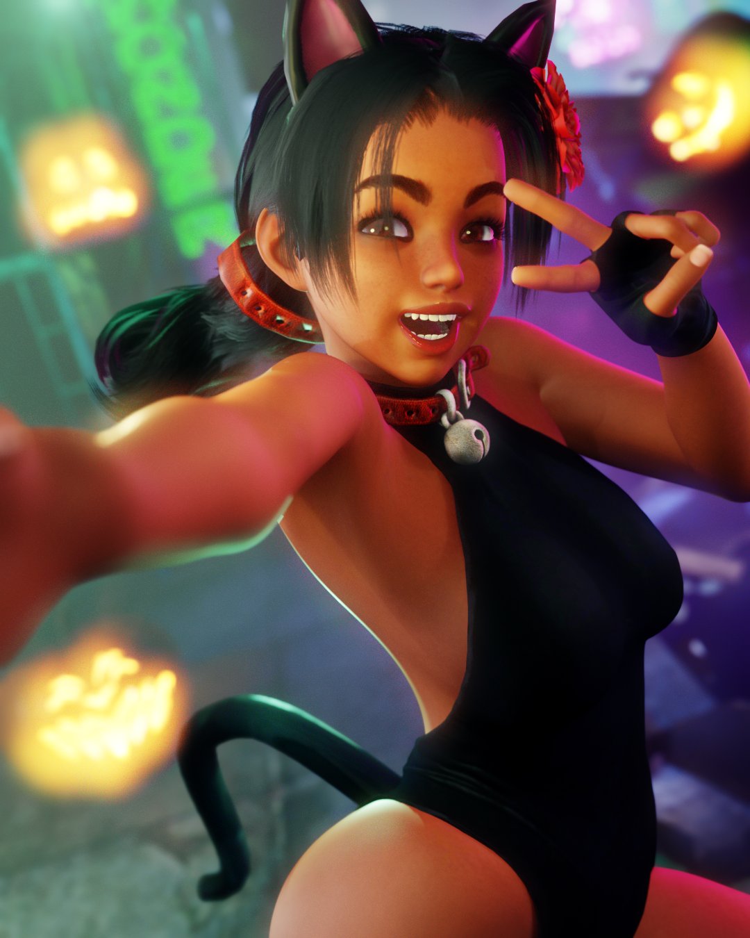 1girls, 3d, bell collar, black hair, brown eyes, capcom, cat ears, cat tail, catgirl, collar, cosplay, dark skin, dark-skinned female, female, female focus, halloween, halloween costume, latina, leotard, lily hawk, peace sign, public use, re engine, rougenine, selfie, smile, street fighter, street fighter 6, swimsuit, teenage female, teenager, v sign, young, young female