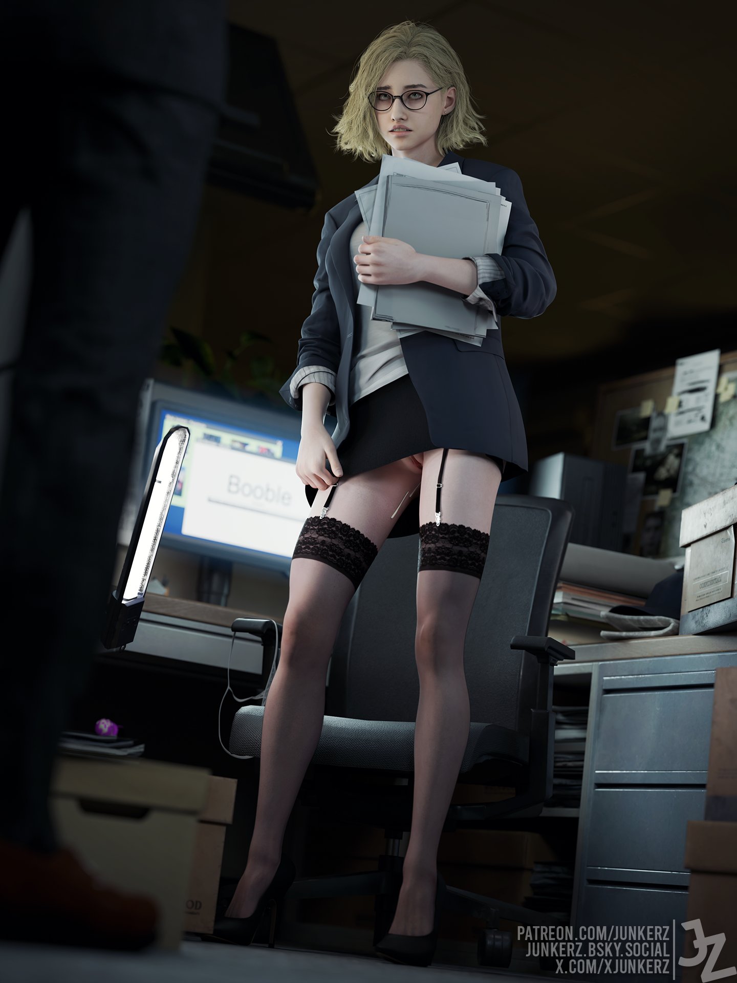 1boy, 1girls, 3d, blonde hair, clothing, computer, desktop, electronics, female, female focus, female masturbation, going commando, grace ashcroft, grace ashcroft (fbi outfit), human, id card, junkerz, male, masturbation, miniskirt, nathan dempsy, no panties, office, office lady, pale skin, resident evil, resident evil 9: requiem, skirt, tagme