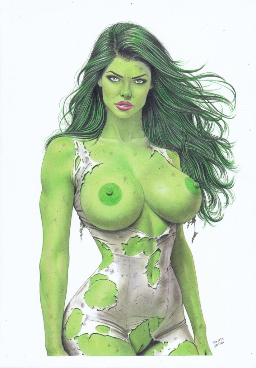 1girls, big breasts, breasts, female, female only, green eyes, green hair, green skin, huge breasts, marvel, marvel comics, nipples, pussy, she-hulk, solo, tim grayson, torn clothes, traditional media (artwork)