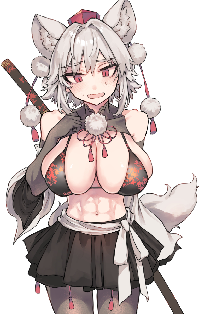 1girls, abs, animal girl, animal humanoid, big breasts, bikini, bikini top, bra, breasts, cleavage, cowboy shot, female, fluffy, fluffy ears, fluffy tail, grey fur, grey hair, japanese clothes, kaiware553, katana, kemonomimi, medium hair, momiji inubashiri, muscular, muscular female, red eyes, shirt lift, short hair, skirt, solo, sword, tagme, tengu, touhou, underwear, white background, white hair, wolf, wolf ears, wolf girl, wolf tail, youkai