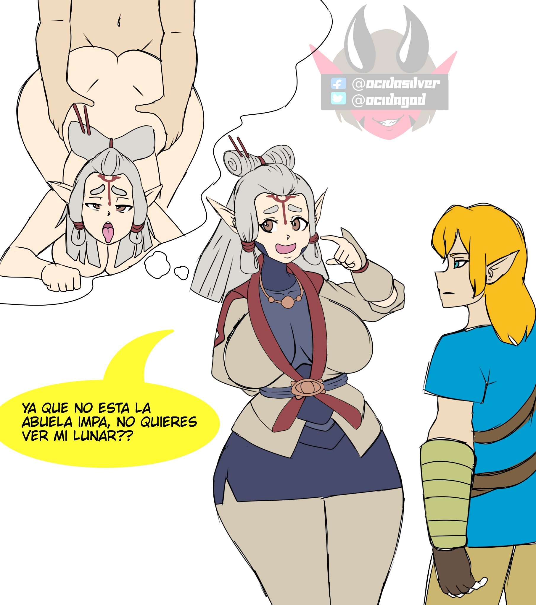 1boy, 1girls, ahe gao, all fours, ass, ass up, blonde hair, breath of the wild, face down ass up, female, front view, hands on hips, link, link (breath of the wild), male, ocida drawing, ocidasilver, paya (the legend of zelda), spanish text, text, text bubble, the legend of zelda, white hair