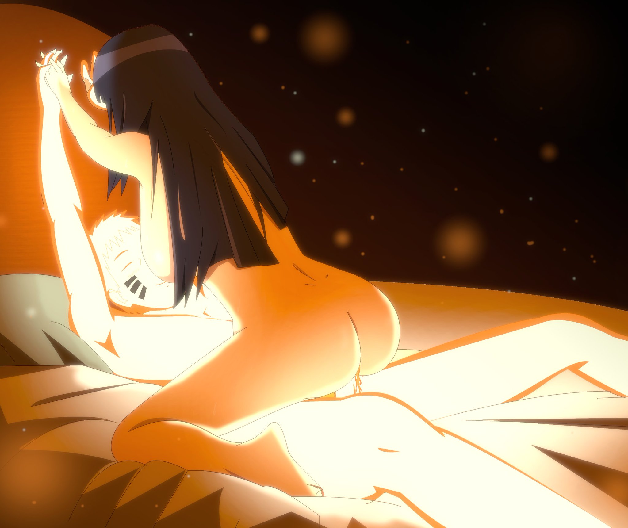 1boy, 1girls, bed, bedroom, canon couple, closed eyes, couple, cowgirl position, female, holding hands, hyuuga hinata, male, married couple, naruto, naruto (series), naruto: the last, nine tailed fox, optimystic, passionate, pussy, riding, sex, uzumaki naruto, vaginal penetration