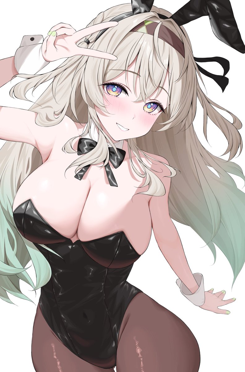 1girls, akatanaer, big breasts, black bunny ears, black bunnysuit, breasts, bunny ears, bunnysuit, exposed breasts, female, firefly (honkai: star rail), honkai: star rail, hoyoverse, long hair, mihoyo, multicolored eyes, multicolored hair, pantyhose, peace sign, white hair
