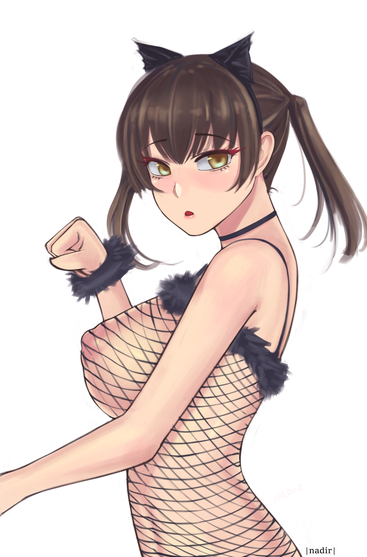 :o, 1girls, animal ear fluff, animal ears, areolae, belly, big breasts, black hair, black-haired female, blush, blush face, blushing at viewer, blushing female, breasts, brown eyes, brown-eyed female, busty, busty female, busty teenager, cat ears, cat pose, digital, digital art, digital drawing, digital drawing (artwork), digital media, digital media (artwork), elbows, enen no shouboutai, eyebrows visible through hair, female, female focus, female only, fingers, fire force, fishnet leotard, fishnet topwear, hair between eyes, hairband, half naked, half nude, high resolution, highres, kotatsu tamaki, large boobs, large breasts, lean figure, leotard, lips, long hair, looking at viewer, looking sideways, looking to the side, midriff, nadir, naked, naked female, naked woman, narrow waist, nipple bulge, nipples, nude, nude female, nudity, open mouth, parted lips, paw pose, plump breasts, posing, posing for the viewer, semi nude, shoulders, sideboob, sidelocks, simple background, slender body, slender waist, slim waist, solo, standing, teenage female, teenager, topwear, twintails, twintails (hairstyle), uncensored, uncensored breasts, uncensored nipples, upper body, white background, young female, young woman