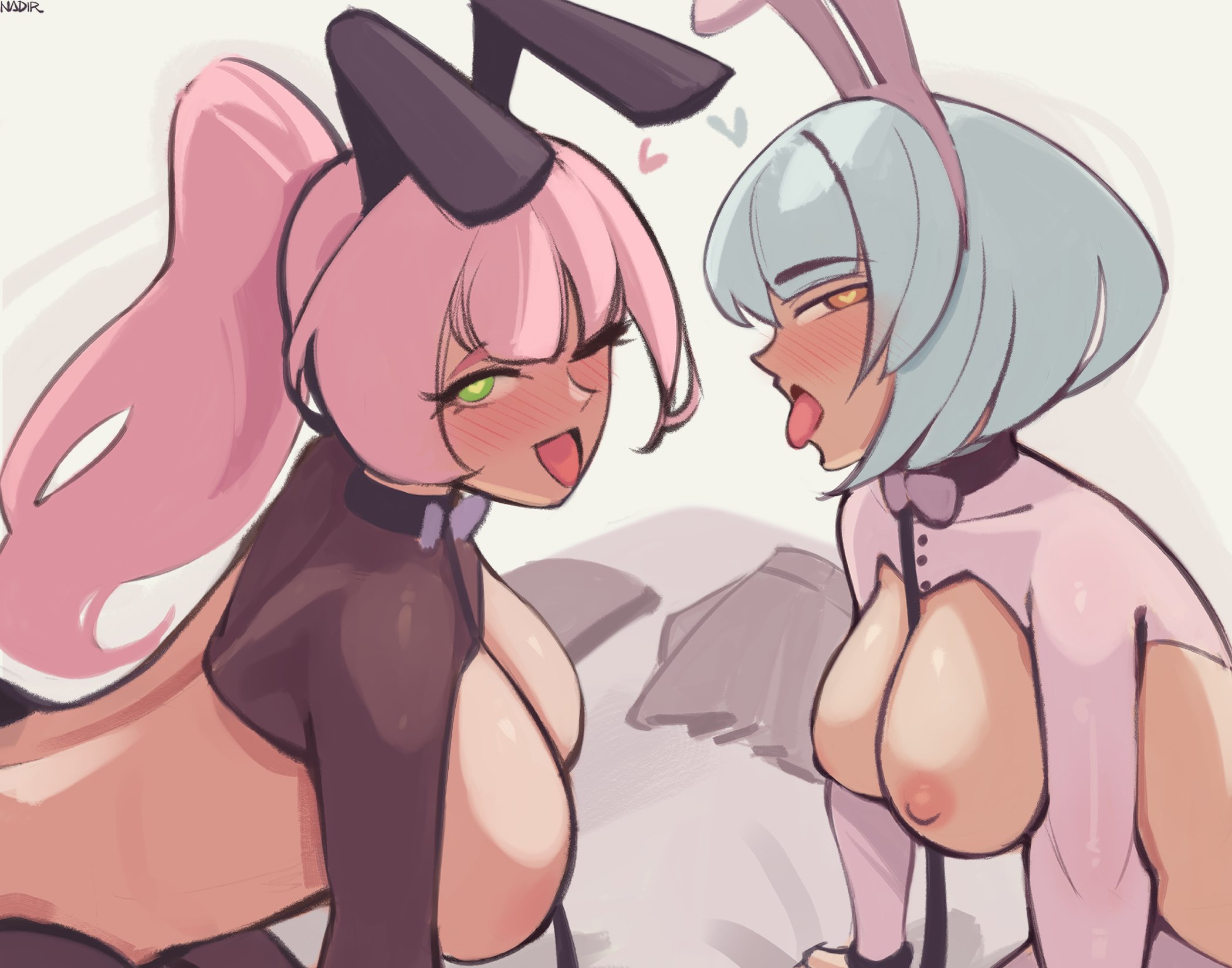 2girls, anby demara, areolae, back, black bunny ears, black collar, black hairband, blue eyebrows, blue hair, blue-haired female, blunt bangs, blush, blush face, blushing at viewer, blushing female, blushing lines, bowtie, breasts, brown eyebrows, brown hair, brown-haired female, bunny ears, bunny girl, bunnygirl outfit, bunnysuit, busty, busty female, collar, dangling breasts, digital, digital art, digital drawing, digital drawing (artwork), digital media, digital media (artwork), eye closed, eyebrows visible through hair, female, female focus, female only, green eyes, green-eyed female, grey bowtie, half naked, half nude, half-closed eyes, hanging breasts, head tilt, heart eyes, heart-shaped pupils, high resolution, highres, large breasts, lean figure, leotard, long hair, looking at viewer, median furrow, multiple females, multiple girls, nadir, naked, naked female, naked woman, narrow waist, nicole demara, nipples, nude, nude female, nudity, one eye closed, one eye open, one-eye closed, open mouth, open mouth smile, parted lips, pink eyebrows, pink hair, pink hair female, pink-haired female, profile, ready for sex, ready to fuck, reverse bunnysuit, semi nude, short hair, shoulders, simple background, slender body, slender waist, slim waist, smile, smiley face, smiling, smiling at viewer, tilted head, tongue, topwear, uncensored, uncensored breasts, uncensored nipples, upper body, white background, white bunny ears, white hairband, wink, winking, winking at viewer, winking eye, zenless zone zero