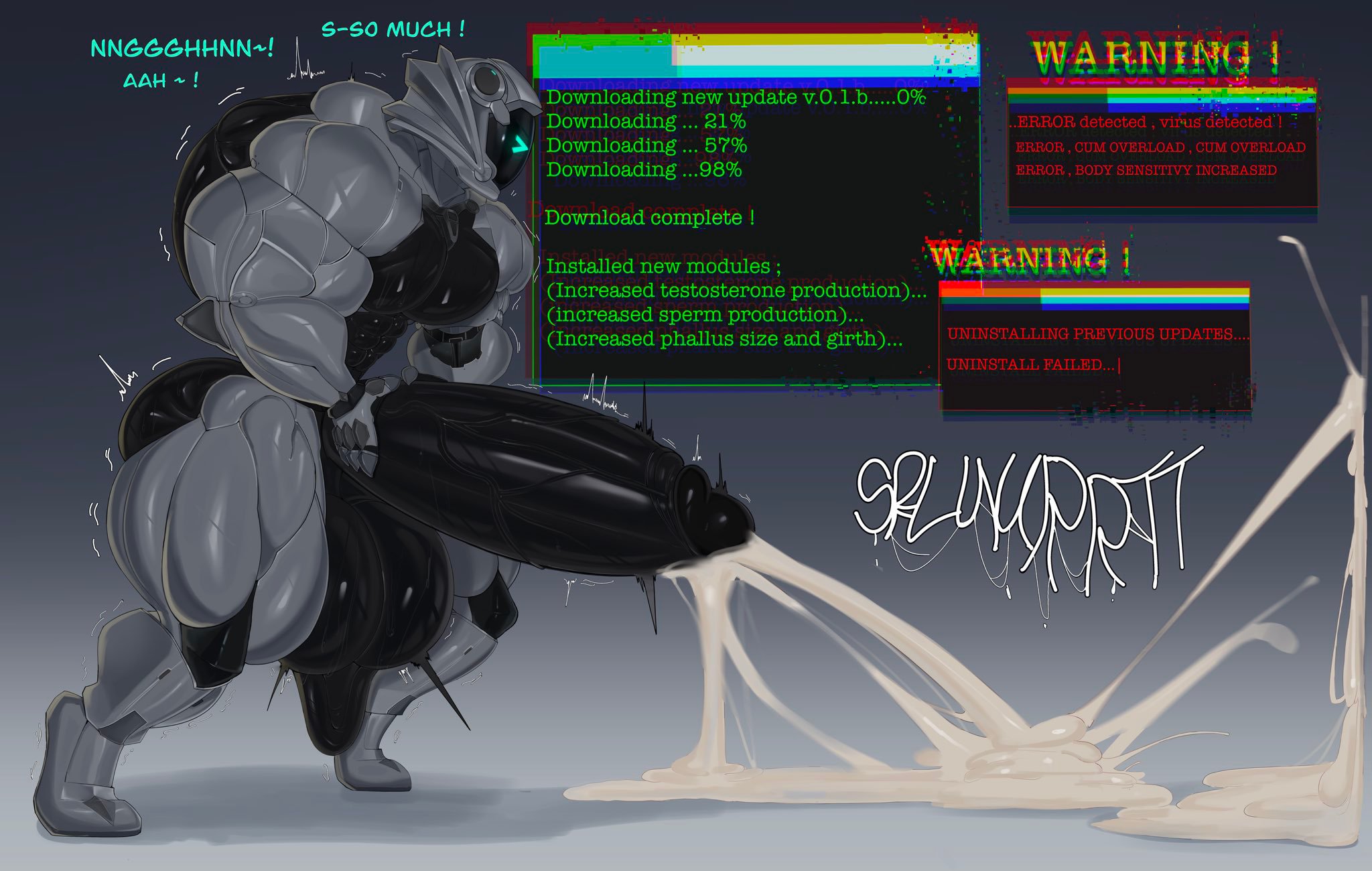 anthro, anthro male, balls, big balls, big penis, black balls, black genitals, black penis, body growth, body growth (enlargement), computer virus, computer window, cum, cum drip, cum on floor, cum on ground, cum string, cum trail, cumming, download, downloading, english dialogue, english text, erection, error, error message, grey body, growing, growth, growth sequence, hanging balls, hard cock, hard on, hard penis, holding own penis, holding penis, humanoid, humanoid genitalia, humanoid penis, lezerdnaughty, male, male anthro, male only, massive balls, massive penis, muscular, muscular anthro, muscular male, nude, nude anthro, nude male, penis, penis growth, penis growth (development), penis growth (enlargement), penis growth whilst ejaculating, robot, robot boy, robot humanoid, screen face, shivering, splurt, veiny, veiny penis, warning, warning label, warning message, warning sign, warning symbol, window