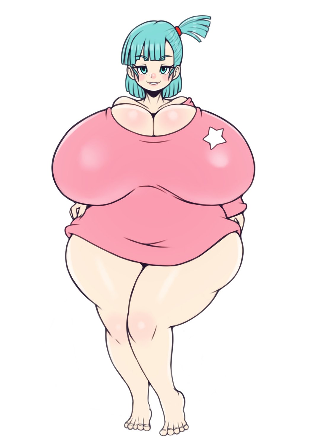 1girls, alternate breast size, breasts, breasts bigger than head, bulma briefs, chubby, cleavage, dragon ball, female, female only, huge breasts, matospectoru, solo, thick thighs, wide hips