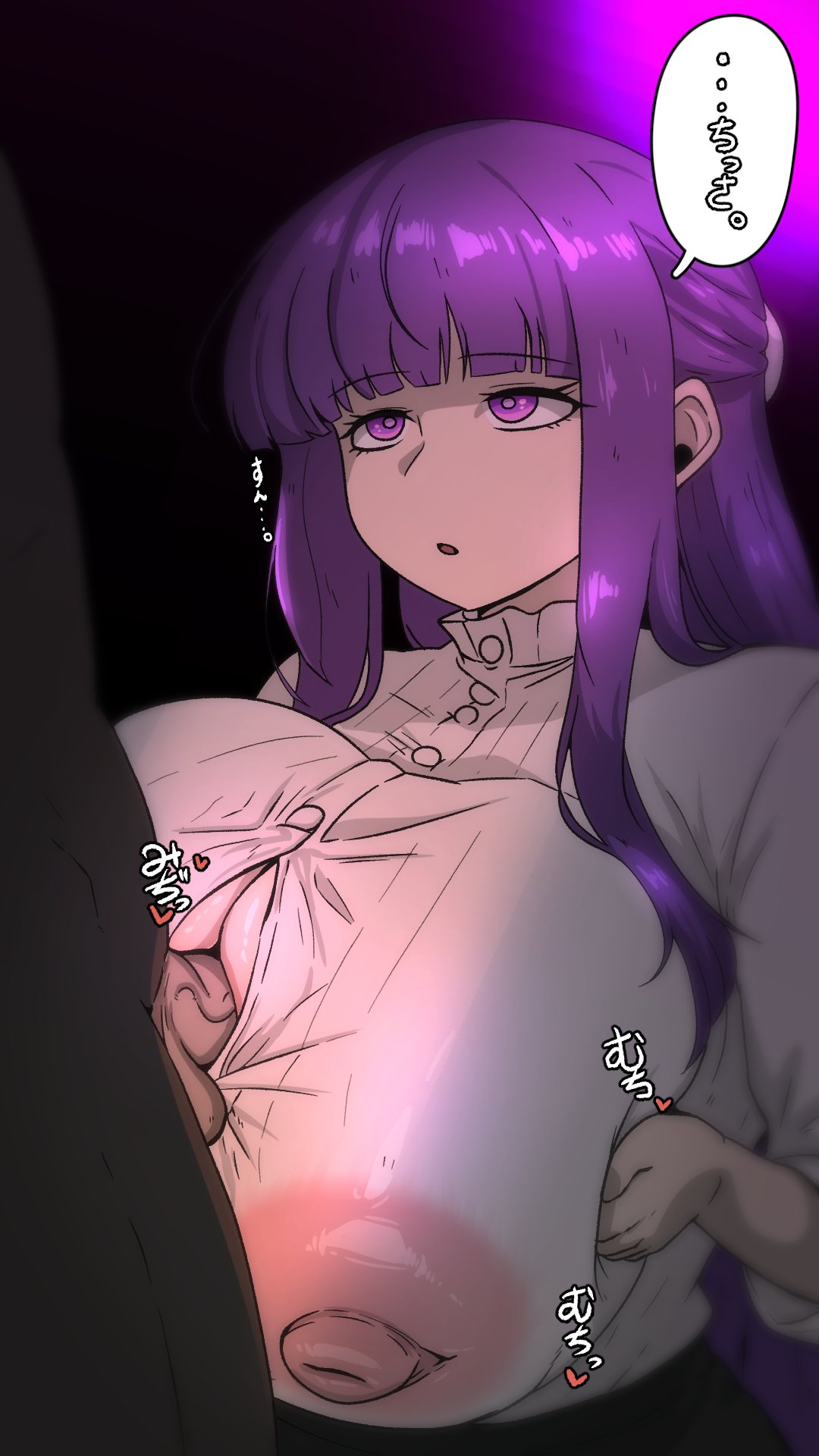 1boy, 1girls, 2025, 2d, 2d (artwork), 2d artwork, areola, areolae, areolae visible through clothing, balls, ballsack, bangs, blouse, blunt bangs, breast squeeze, breast squish, breasts, breasts bigger than head, breasts squeezed together, clothed, clothed female, clothed female nude male, clothed paizuri, clothing, cock, curvy, dark skin, dark-skinned male, dialogue, dick, expressionless, female, female focus, fern (sousou no frieren), genitals, hi res, highres, huge breasts, japanese dialogue, japanese text, kneeling, kneeling female, light skin, light-skinned female, long hair, male, male/female, mumutamu0326, naked, naked male, nipple bulge, nipples, nipples visible through clothing, nude, nude male, nude male clothed female, offscreen character, offscreen male, open clothes, open mouth, open shirt, paizuri, penis, puffy nipples, purple eyes, purple hair, see-through, see-through clothes, see-through clothing, see-through shirt, sousou no frieren, straight, straight hair, testicles, text, titjob, translated, translucent, translucent clothing, very long hair, voluptuous, voluptuous female