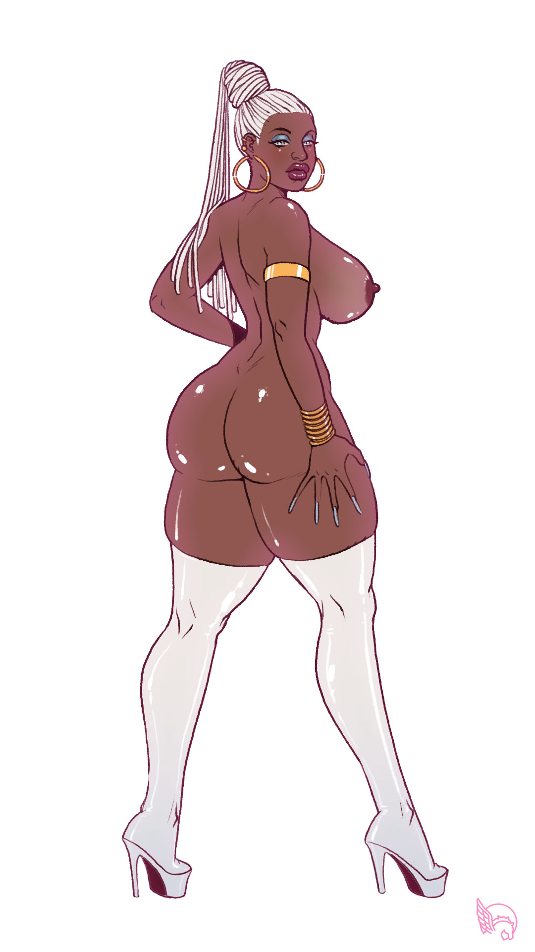 1girls, african female, areolae, ass, ass focus, bangle, big ass, big breasts, bimbo, bimboctober, bimbofied, blue eyes, breasts, dark skin, dark-skinned female, female, female focus, female only, heels, hoop earrings, lipstick, long fingernails, looking at viewer, marvel, marvel comics, naked footwear, nipples, ororo munroe, pegasus (artist), pinup, solo, solo female, solo focus, storm (x-men), thick ass, thick thighs, white hair, x-men