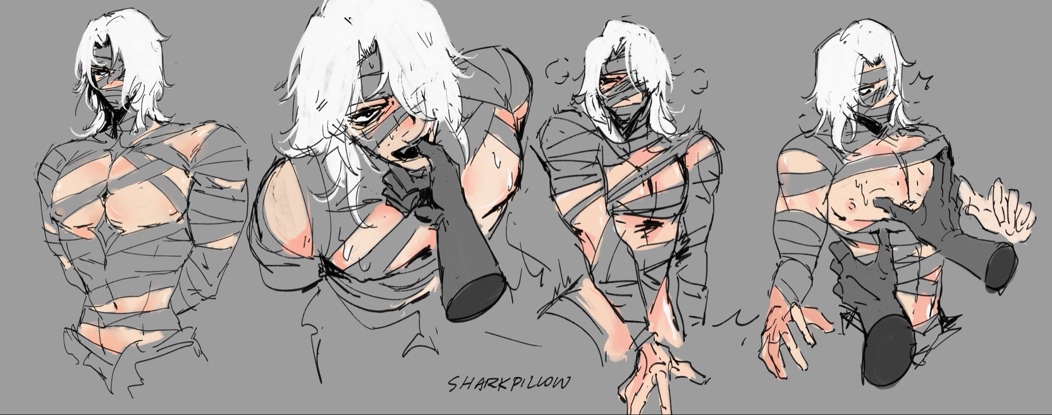 artist name, bandage, disembodied hand, disembodied hands, genshin impact, light skin, male, male only, partially colored, pecs, rerir (genshin impact), sharkpillow, sweat, thumb in mouth, white hair
