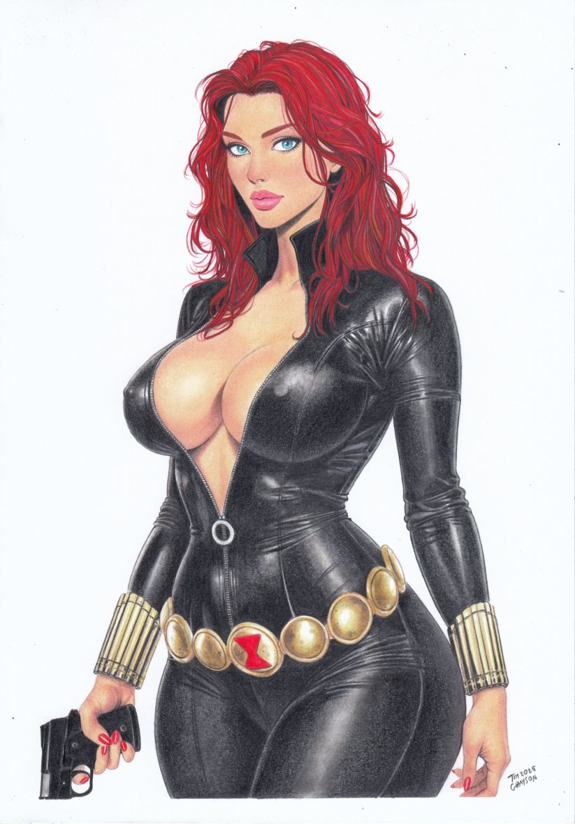 1girls, big breasts, black widow (marvel), blue eyes, bodysuit, breasts, cleavage, female, female only, gun, huge breasts, marvel, marvel comics, nipple bulge, pistol, red hair, scarlett johansson, skin tight, solo, tim grayson, traditional media (artwork), unzipped bodysuit, weapon, wide hips