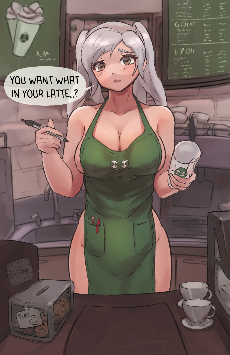 1girls apron bare_shoulders bare_thighs barista breasts brown_eyes cleavage clothing collarbone english_text fast_food female fire_emblem fire_emblem_awakening grey_hair holding holding_cup holding_object holding_pen iced_latte_with_breast_milk large_breasts long_hair looking_at_viewer meme naked_apron nintendo open_mouth outerwear pen raised_eyebrow robin_(fire_emblem) robin_(fire_emblem)_(female) sideboob solo spiffydc text thighs twintails uniform