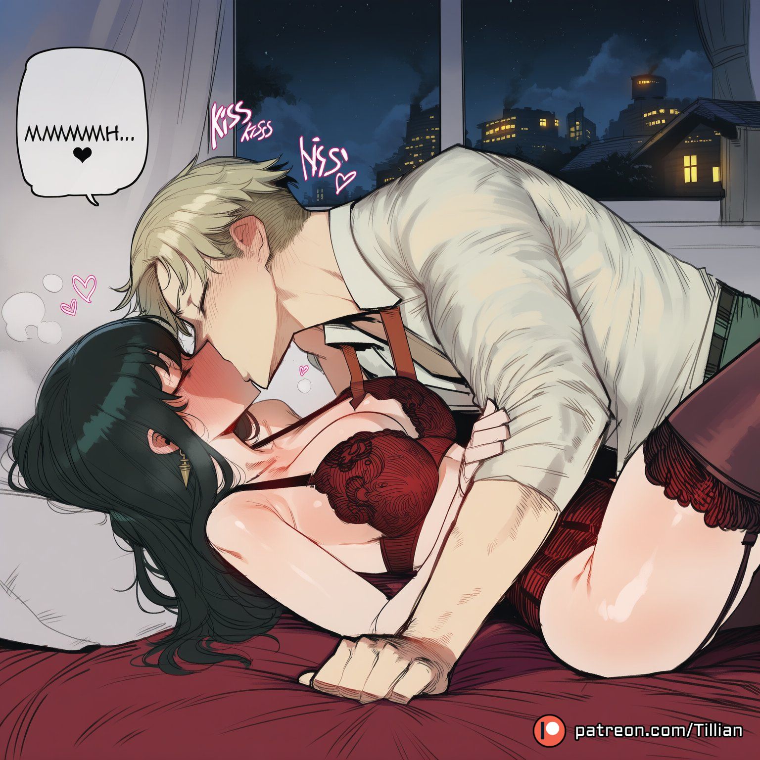 1boy, ai generated, bed, black hair, blonde hair, blush, bra, breasts, cleavage, closed eyes, couple, earrings, english text, female, from side, garter straps, heart, husband and wife, jewelry, kissing, large breasts, lingerie, loid forger, long hair, lying, male, necktie, night, on back, on bed, panties, patreon logo, patreon username, pillow, red bra, red necktie, red panties, shirt, speech bubble, spy x family, straight, thighhighs, tillian, twilight (spy x family), underwear, white shirt, window, yor briar, yor forger