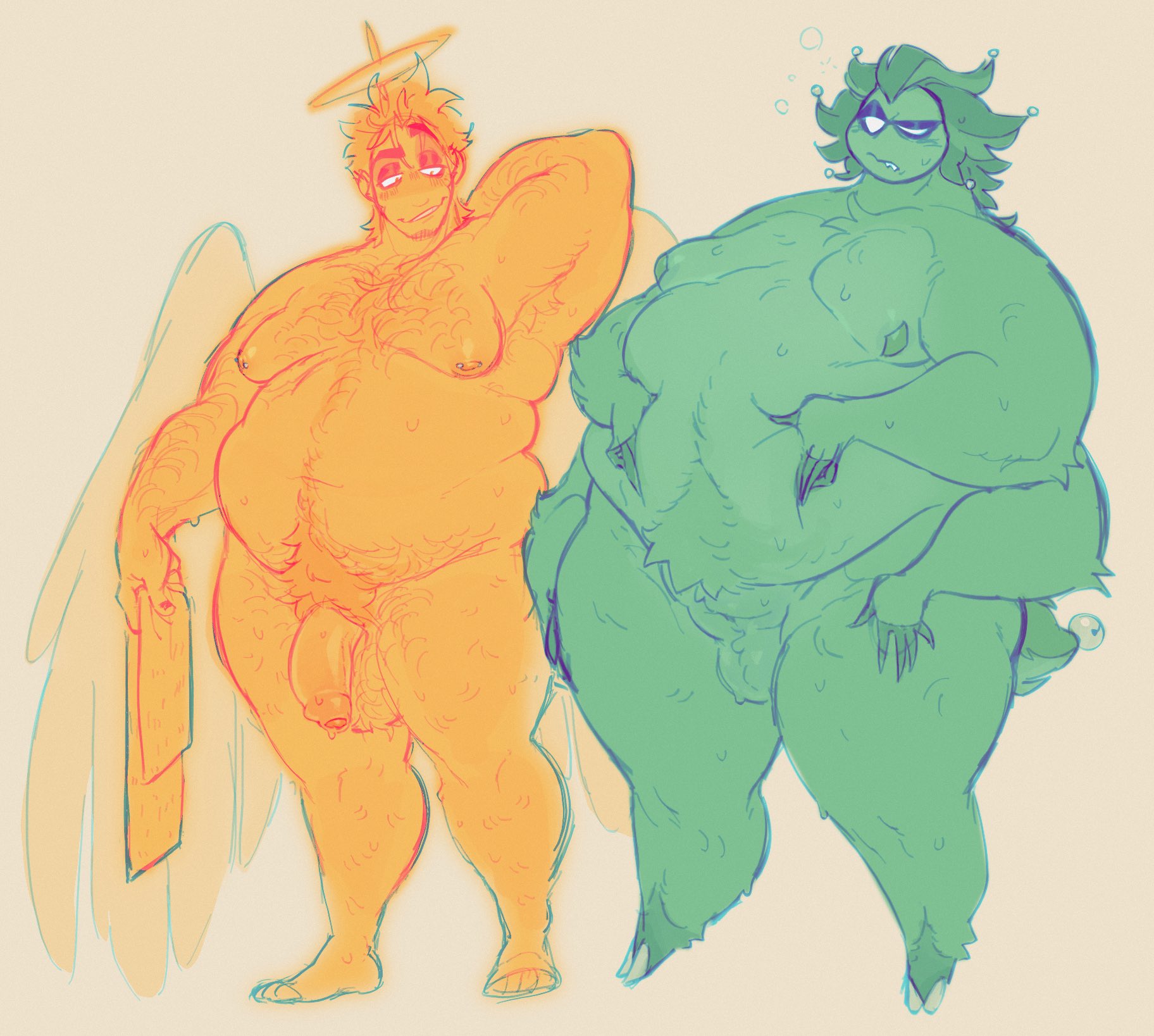 2boys, adam (hazbin hotel), averrbaverr, bara, beautiful, breasts, chubby, chubby male, fat, fat male, hairy, hairy male, happy trail, hazbin hotel, helluva boss, male, male only, male with breasts, mammon (helluva boss), man boobs, man tits, overweight, overweight male, penis, pubic hair