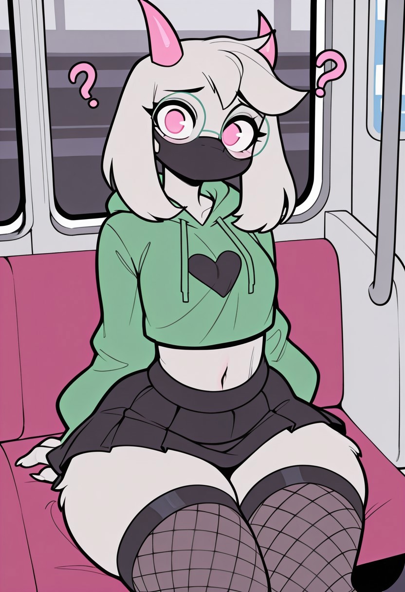 ?, 1boy, ai generated, animal ears, anthro, bangs, bare midriff, black skirt, blushing, caprine, clothing, confusion, cropped hoodie, curvy hips, deltarune, eyelashes, femboy, feminine male, fishnet legwear, fur, furry male, hair, heart, horns, long sleeves, looking at viewer, male, mammal, mammal humanoid, mask, midriff, monster, monster boy, mouth mask, narrow waist, navel, otoko no ko, pink eyes, pink horns, pleated skirt, ralsei, ralsei with white fur, short skirt, sitting, skirt, solo, stockings, thick thighs, thighs, train interior, vehicle, white body, white hair