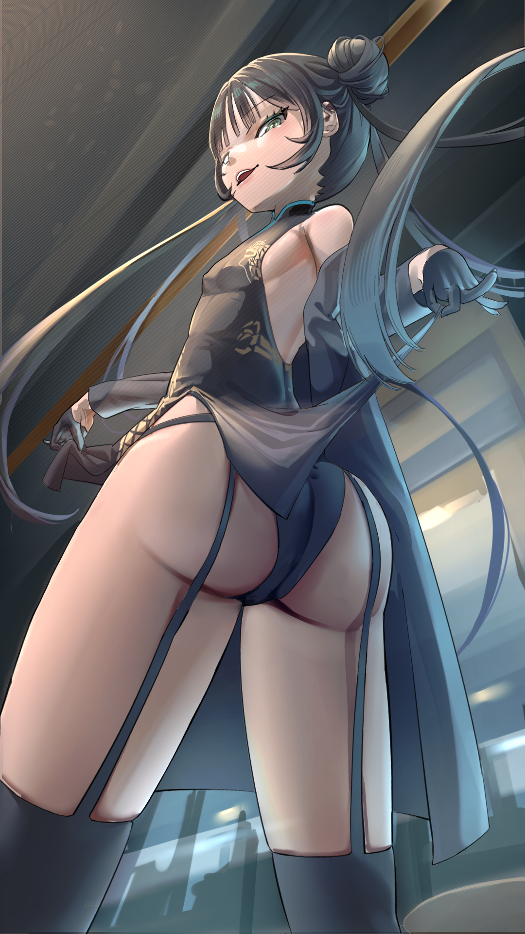 ass, backless dress, backless outfit, black dress, black gloves, black hair, black panties, black thighhighs, blue archive, breasts, china dress, chinese clothes, clothes lift, commentary, double bun, dragon print, dress, dress lift, female, from behind, from below, gloves, grey eyes, hair bun, highres, kisaki (blue archive), lifting own clothes, long hair, looking at viewer, mrsc, no bra, no halo, open mouth, panties, pelvic curtain, print dress, short dress, sleeveless, sleeveless dress, small breasts, solo, thighhighs, twintails, underwear