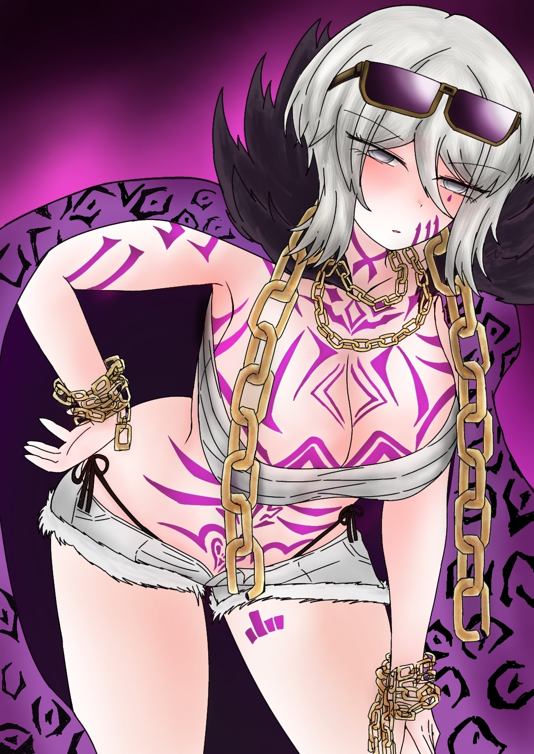 1girls, bandage, big breasts, breasts, chains, cleavage, clothing, faust (limbus company), female, limbus company, looking at viewer, project moon, shorts, sunglasses, tattoo, tattoos, the middle (identity) (project moon), white hair