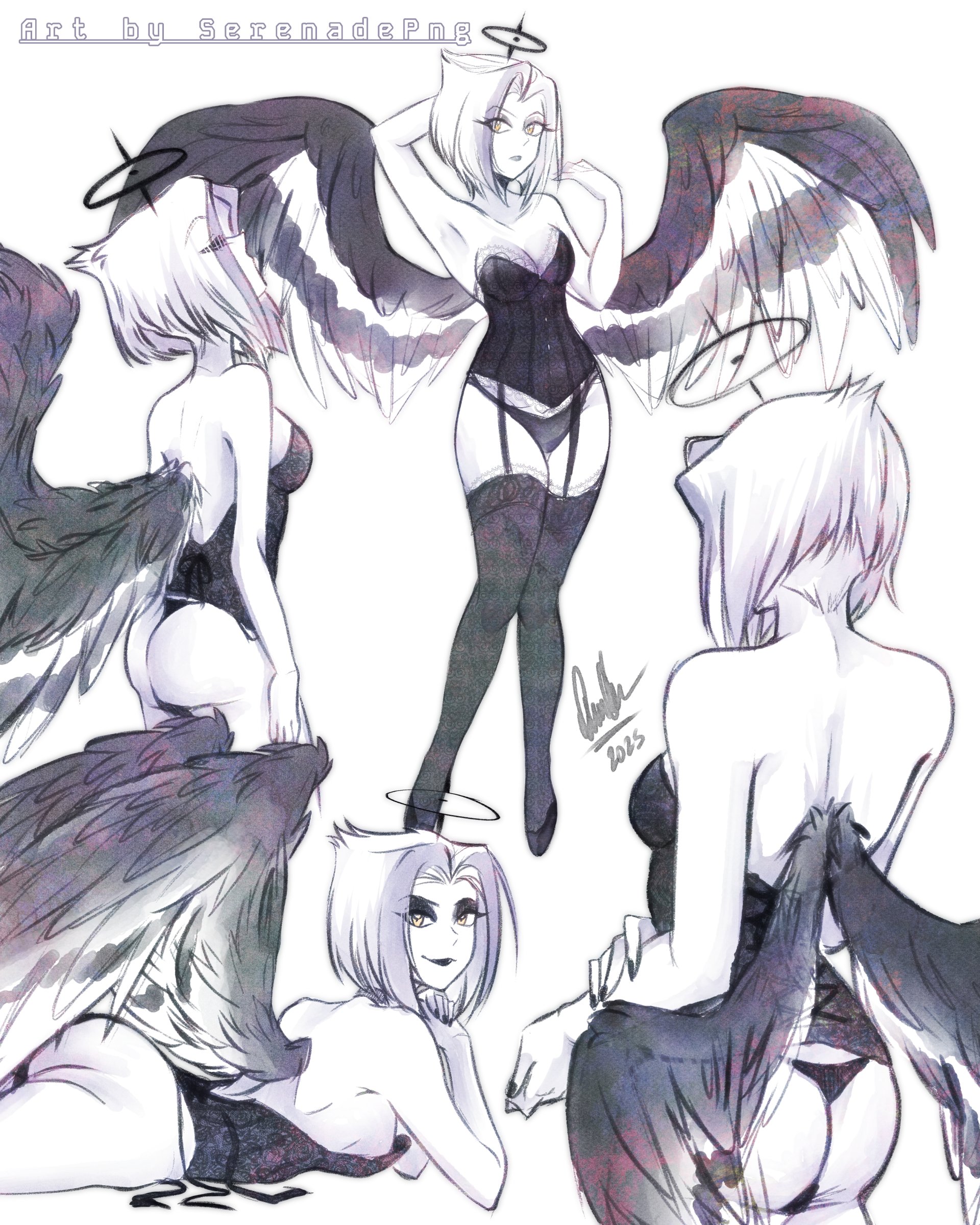 angel, angel girl, angel wings, ass, black halo, cleavage, corset, female, halo, hazbin hotel, hellaverse, lingerie, lute (hazbin hotel), power (angel), serenadepng, solo, twitter, vivienne medrano, vivziepop