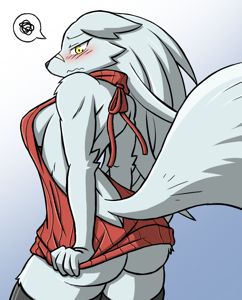 anthro ass big_tail blush breasts dog_ears dog_tail female female_only furry grey_body grey_fur rakkuguy simple_background speech_bubble tail velvela_(rakkuguy) wolf yellow_eyes