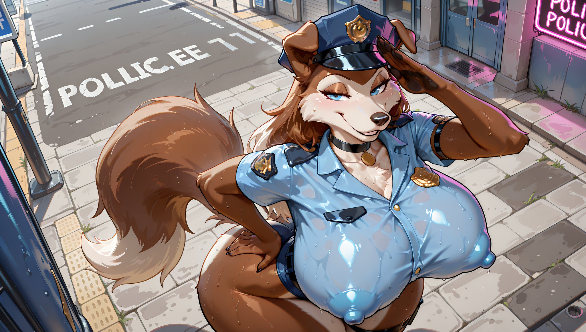 1girls, 2025, 2025s, above view, ai assisted, ai generated, anthro, anthro female, anthrofied, areola, areola visible through clothing, areolae, areolae visible through clothing, badge, bedroom eyes, big breasts, big thighs, black choker, black nose, blue eyes, bracelet, bracelets, breasts, brown body, brown fur, brown hair, brown tail, canid, canine, canis, choker, clothed, clothing, collar, colleen (road rovers), day, daytime, dog girl, domestic dog, earring, earrings, erect nipples, eyebrows, eyelashes, female, female anthro, female focus, female only, fluffy tail, fully clothed, fur, furry, furry female, half-closed eyes, hi res, high quality, high resolution, highres, huge breasts, huge thighs, illustrious (stable diffusion), large breasts, leg belt, looking at viewer, mammal, massive breasts, narrowed eyes, neon lights, nipples, nipples visible through clothing, outdoors, outside, police, police girl, police hat, police uniform, policewoman, pony diffusion (model), pony diffusion xl, road rovers, solo, solo female, solo focus, stable diffusion, standing, street, sweat, sweatdrop, synthneon, tail, thick thighs, thighs, wide hips