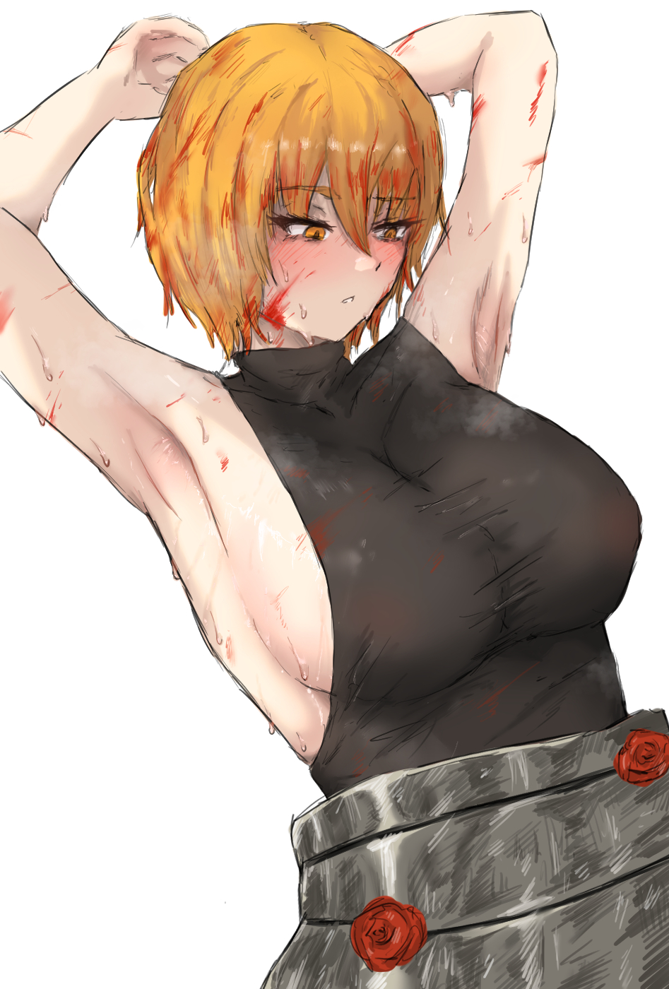 1girls, big breasts, blonde hair, breasts, clothing, don quixote (limbus company), female, limbus company, n corp. fanatic (identity) (project moon), project moon, short hair, sideboob, sweat, tank top, yellow eyes